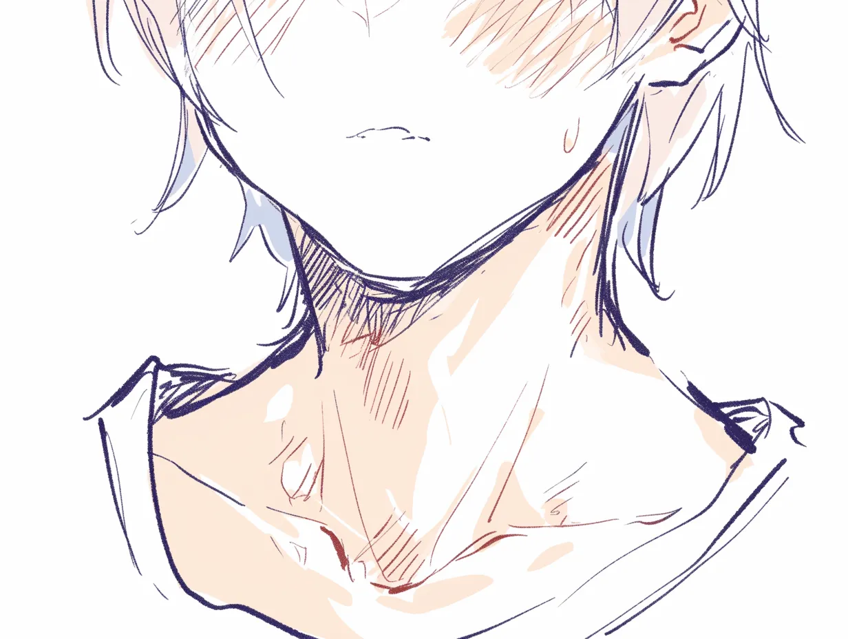 男の鎖骨のアップ｜【基本構造】首筋の筋肉と鎖骨を強調する描き方で、角度をつけて浮き上がる形を線で明確に描いています。汗や赤みも加わり、体の動きがリアルに表現されています。<br>【演出の方向性】緊張感や恥じらいを汗と赤面で示し、鎖骨のラインが感情の揺れを視覚的にサポートしています。<br>