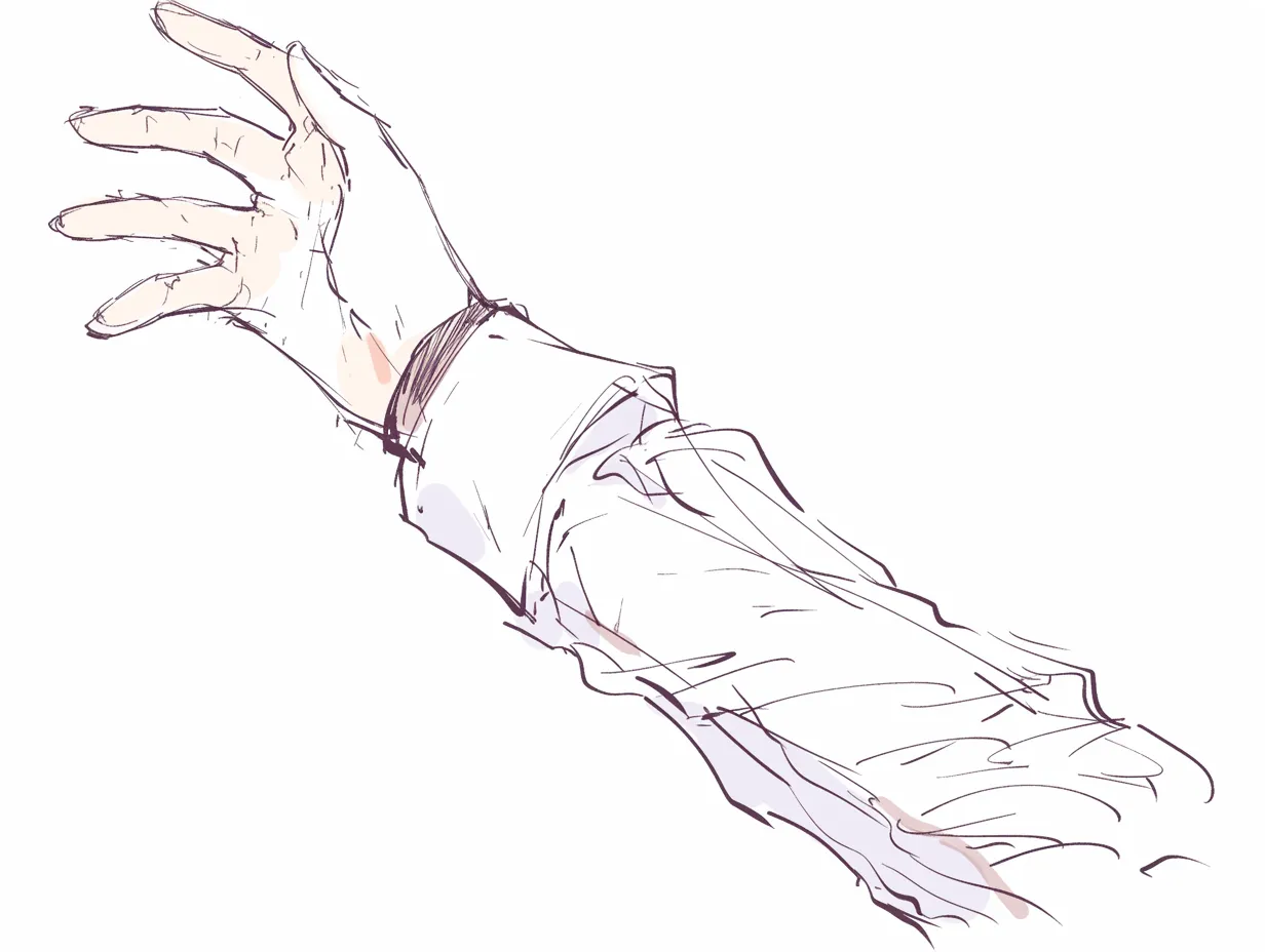 右手を差し伸べるの腕全体｜【基本構造】袖をまくった右腕を長く描き、斜め上に伸ばす描き方です。肩から手首までのラインが強調されています。<br>【演出の方向性】荒い線が動きを感じさせ、強い意志や衝動的な行為を想起させる演出になっています。<br>