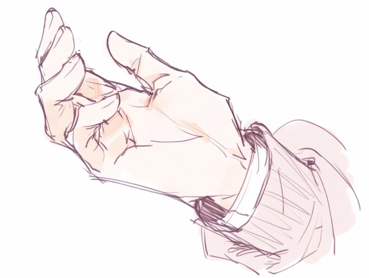 右手を差し伸べるの掌角度｜【基本構造】右手を大きくクローズアップし、指を軽く開いて差し出す描き方です。掌の立体感が際立っています。<br>【演出の方向性】線の柔らかさが温かみを強め、控えめながらも優しい感情を乗せた表現になっています。<br>