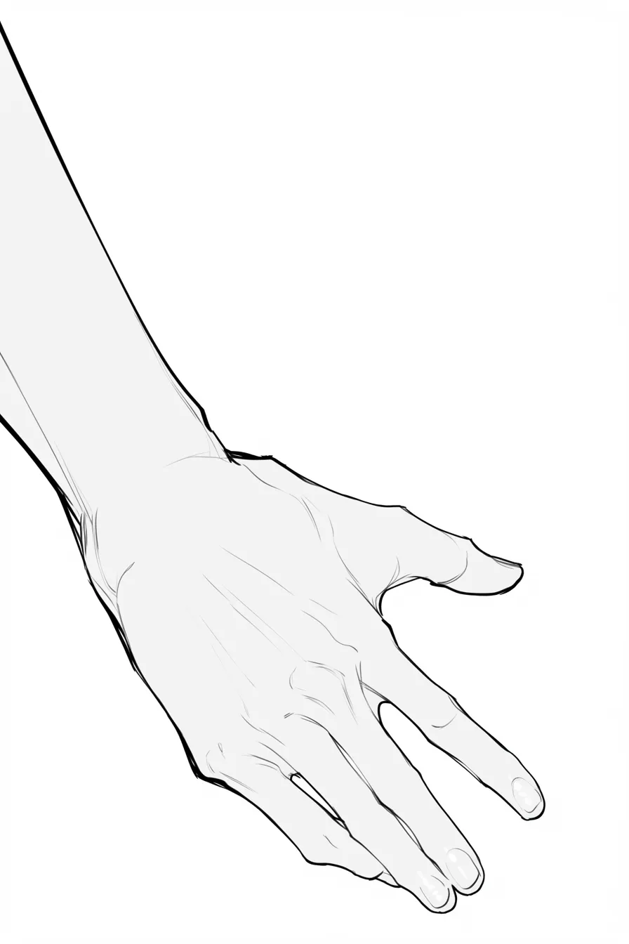 右手を差し伸べるの手の甲視点｜【基本構造】右手を甲側から見せる描き方で、指をやや下向きに伸ばし、全体的にシンプルな構成です。<br>【演出の方向性】余計な要素を排したことで冷静さが前面に出て、静かな意志を感じさせる演出となっています。<br>