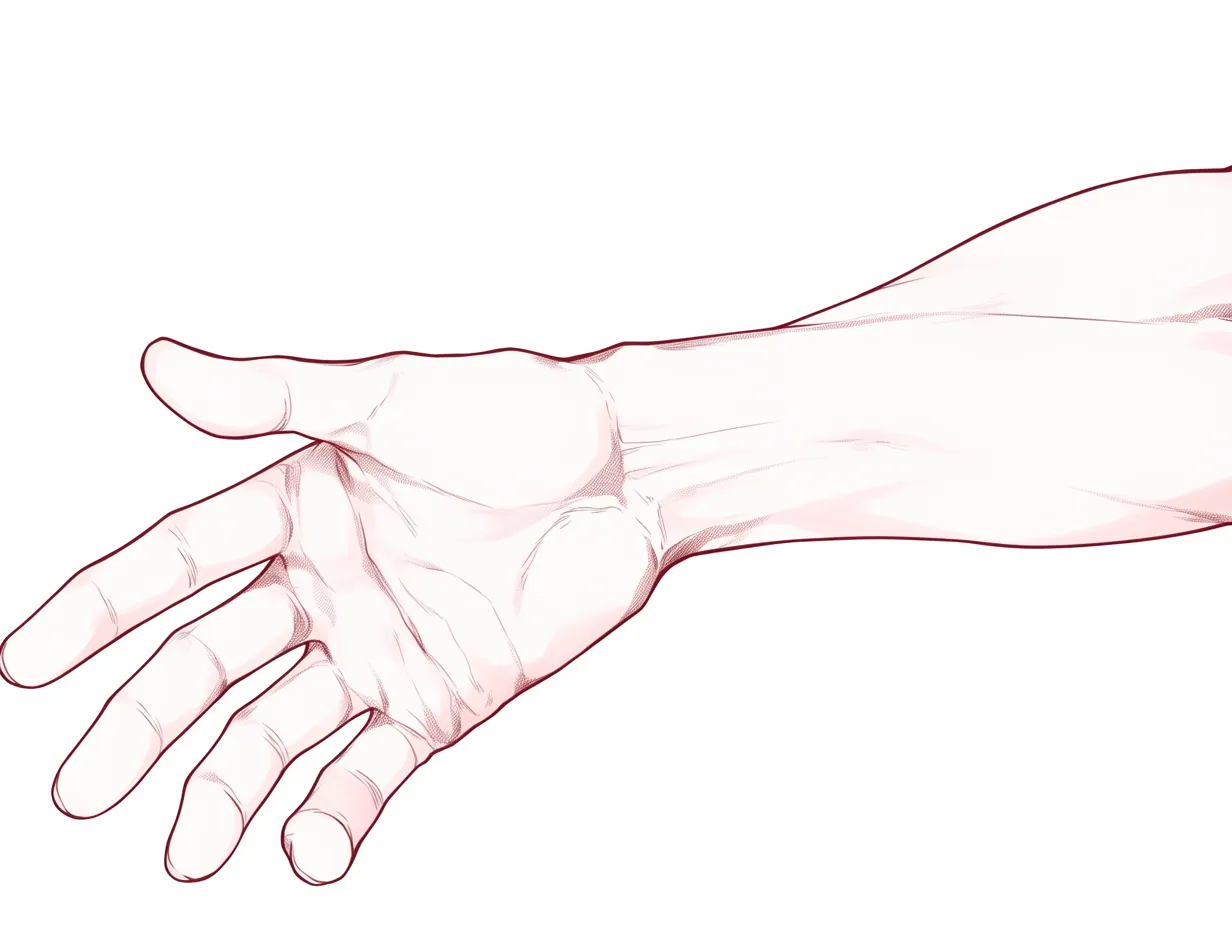 右手を差し伸べるの腕伸展｜【基本構造】右腕を水平に近い形で伸ばし、掌を開いた描き方です。筋肉や関節がリアルに表現されています。<br>【演出の方向性】しっかりした線の強弱によって力強さが表現され、相手を支えるような誠実な意志を伝えています。<br>