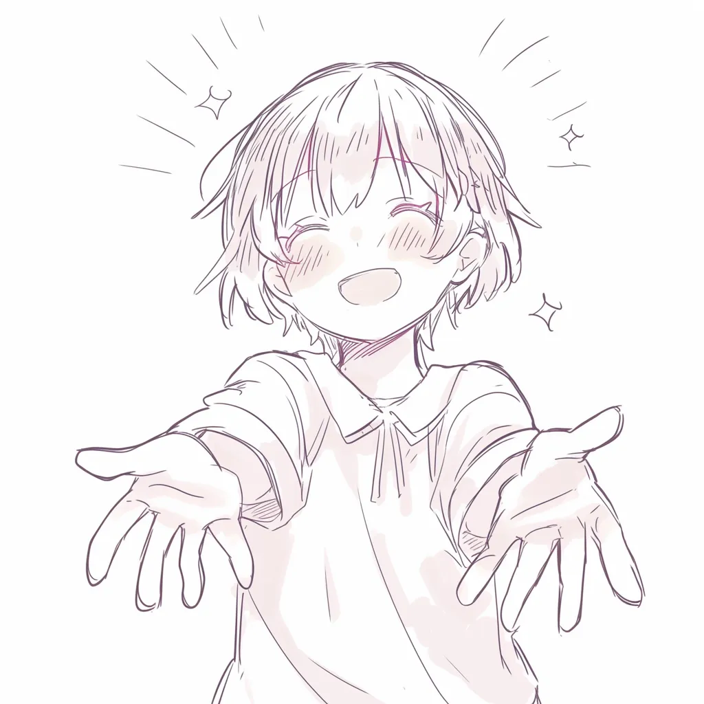 両手で手を差し伸べる笑顔｜【基本構造】身体を正面に向け、両手を前へ大きく開いた描き方で、腕の動きと視線の方向が一致して受け止めるような姿勢を作っています。顔は口角を大きく上げ、瞳を細めて喜びを表す構造です。<br>【演出の方向性】放射状の線やきらめき記号を添えることで、感情の高まりを強調し、温かさと無邪気さが伝わる印象になっています。見る側に安心感や歓迎の雰囲気を与えます。<br>