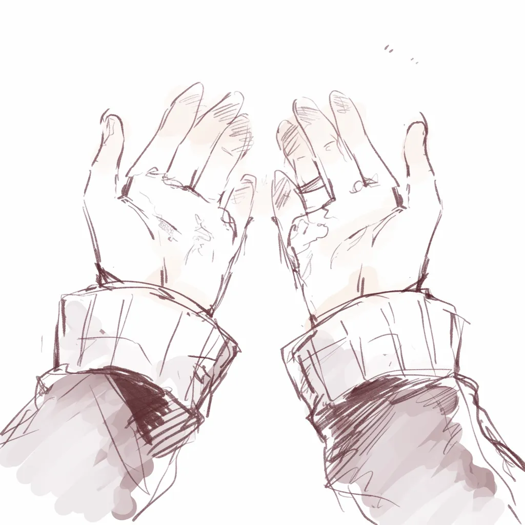 両手を見せる差し伸べ方｜【基本構造】手首から先を画面に差し出す描き方で、掌を正面に向け、指をやや広げた自然な骨格を表現しています。袖口の厚みを強調することで、腕の始点を安定させています。<br>【演出の方向性】手のひらに荒れや傷の痕跡を残し、生活感や経験を匂わせる演出です。差し伸べる行為が単なる優しさでなく、現実感や重みを持つニュアンスに変化します。<br>