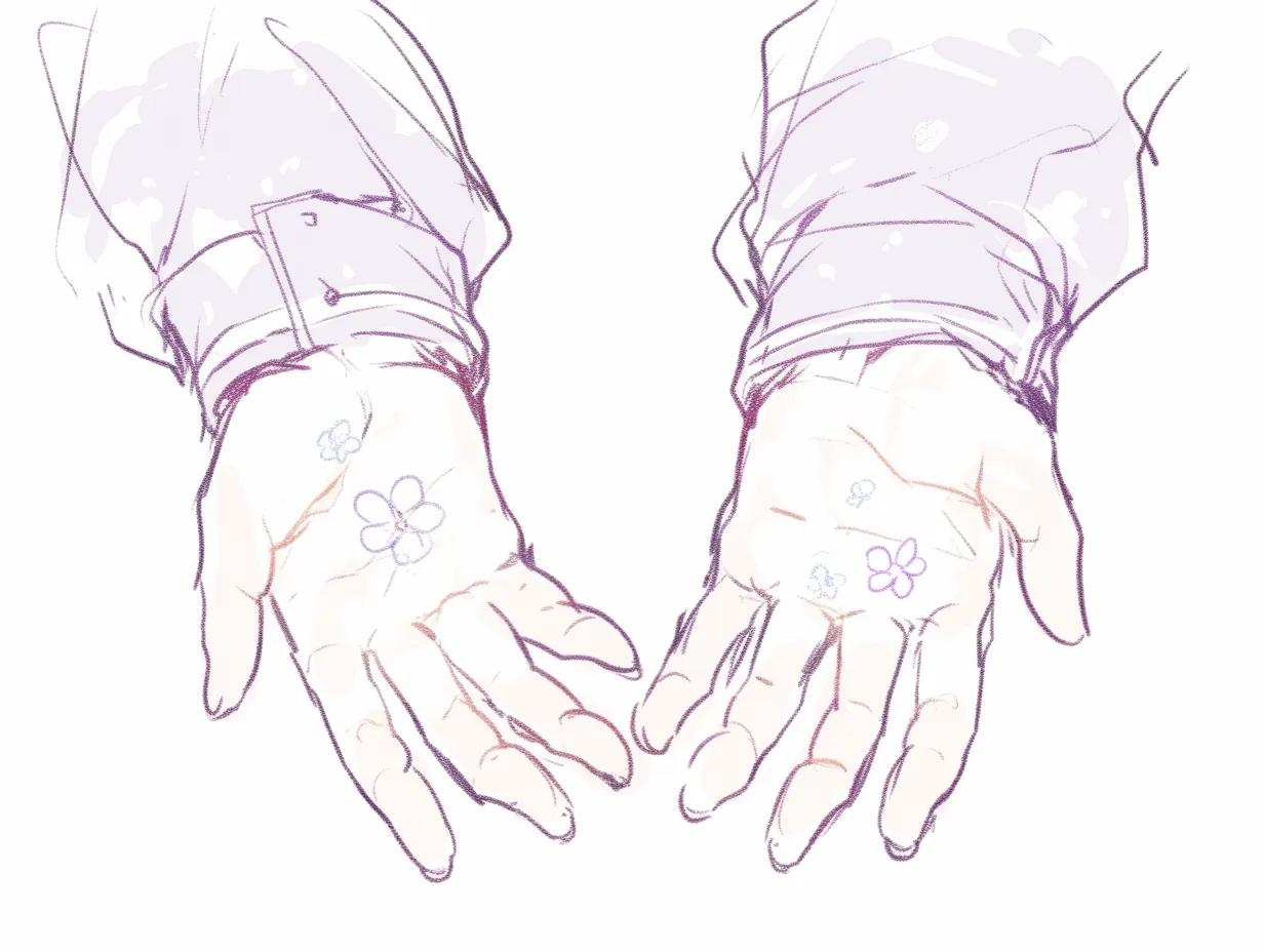 両手に花をのせた差し伸べ方｜【基本構造】手のひらを上に向けて左右対称に広げる描き方で、指は緩やかに曲げ、掌に小さな花模様を配置しています。袖の柔らかい布感が手元を包み、全体を軽やかに整えています。<br>【演出の方向性】花が象徴的なモチーフとなり、優しさや贈り物のような意味合いを加えています。差し伸べる動作が祝福や無邪気な遊び心と結びつき、幻想的で柔らかな印象を与えます。<br>