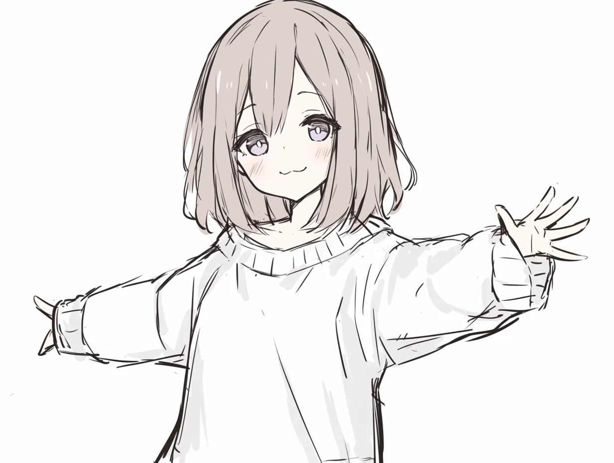 両手で手を広げる少女｜【基本構造】正面に向けて腕を左右に伸ばし、肩幅以上の広がりを持たせた描き方です。顔は少し傾け、目線はやや上向きに整えています。袖の大きな衣服が動きを柔らげています。<br>【演出の方向性】柔らかな笑顔と広げた腕で、受け入れや歓迎を示す演出です。温和で安心感のある印象を作り、親しみやすさを前面に出しています。<br>