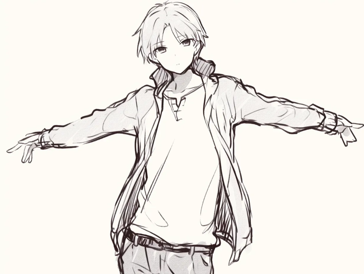 両手で手を広げる男性（クールな姿勢）｜【基本構造】腰に重心を落としつつ腕を水平に開く描き方で、体幹を直線的に保っています。顎を少し下げ、視線を鋭く正面へ向けています。<br>【演出の方向性】余裕のある立ち姿に冷静な表情を組み合わせることで、威圧感や堂々とした雰囲気を演出します。受け入れるよりも挑発的で距離を保つ印象です。<br>