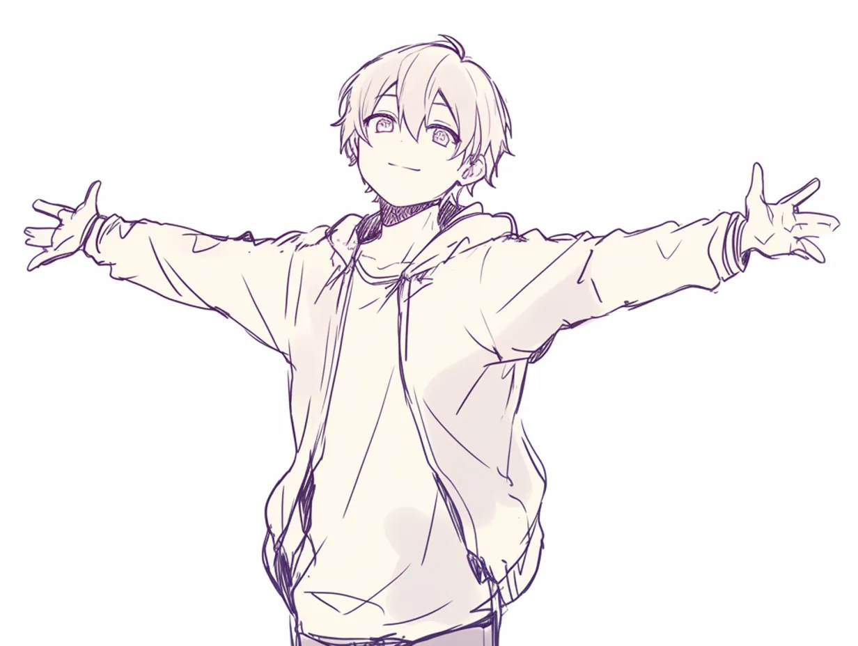 両手で手を広げる男性（柔らかい笑顔）｜【基本構造】胸を張って腕を開き、掌をやや外向きにする描き方で、立体感を出すように肩の動きが強調されています。顔は正面で微笑みを浮かべています。<br>【演出の方向性】フレンドリーさを押し出す演出で、解放感や親近感を伝えます。笑顔と姿勢が合わさり、相手を受け入れる温かい空気を醸し出します。<br>