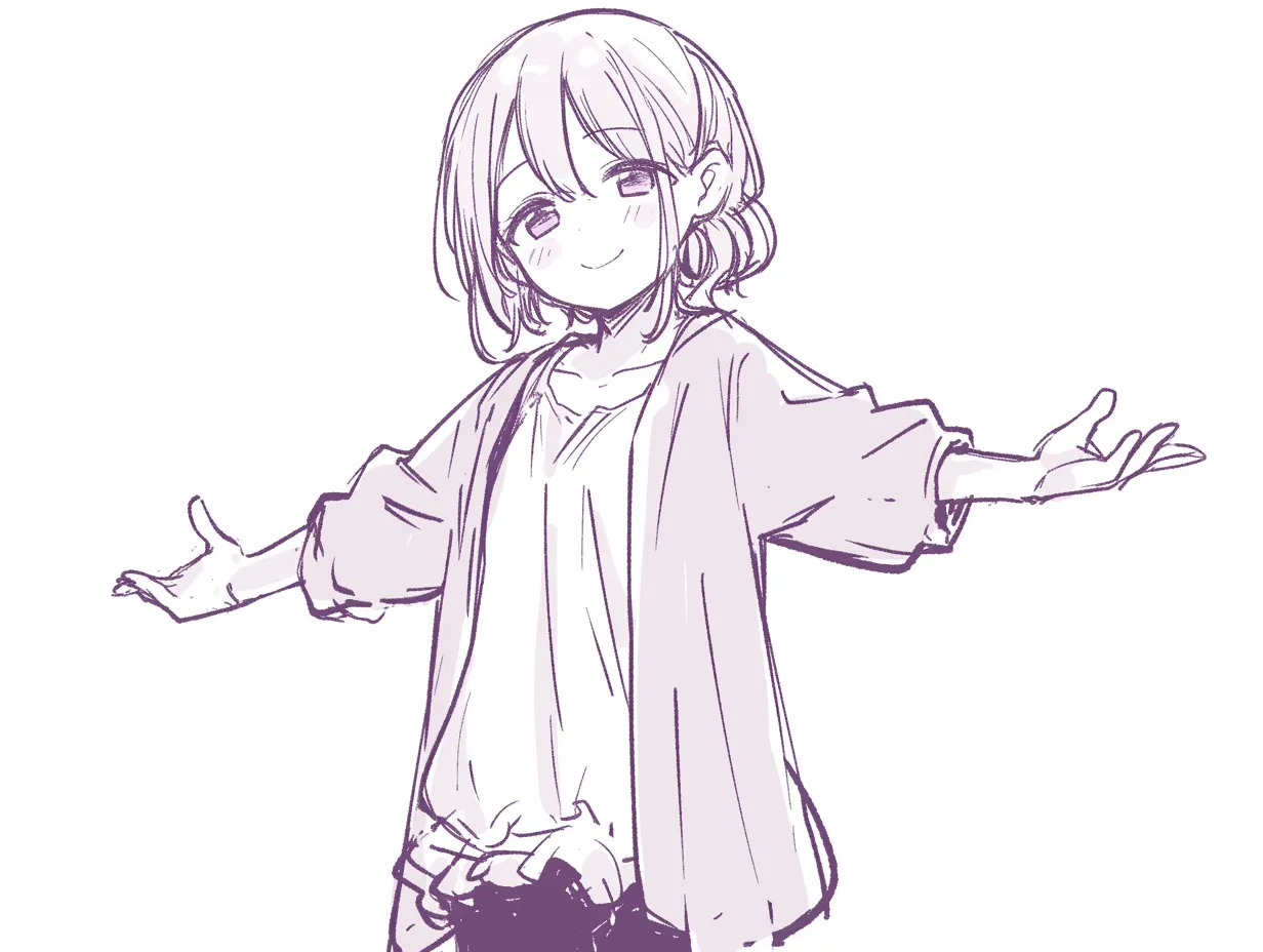 両手で手を広げる少女（軽い仕草）｜【基本構造】腕をやや下げ気味に広げ、肩をリラックスさせた描き方です。顔は少し傾け、表情に柔らかさを持たせています。衣服のシワや広がりで自然な動きを強調しています。<br>【演出の方向性】軽く広げた腕が、親しい相手に向けた挨拶や軽やかな誘いを表現します。堅さがなく、柔らかい好意やゆるやかな受け入れのニュアンスを加えています。<br>