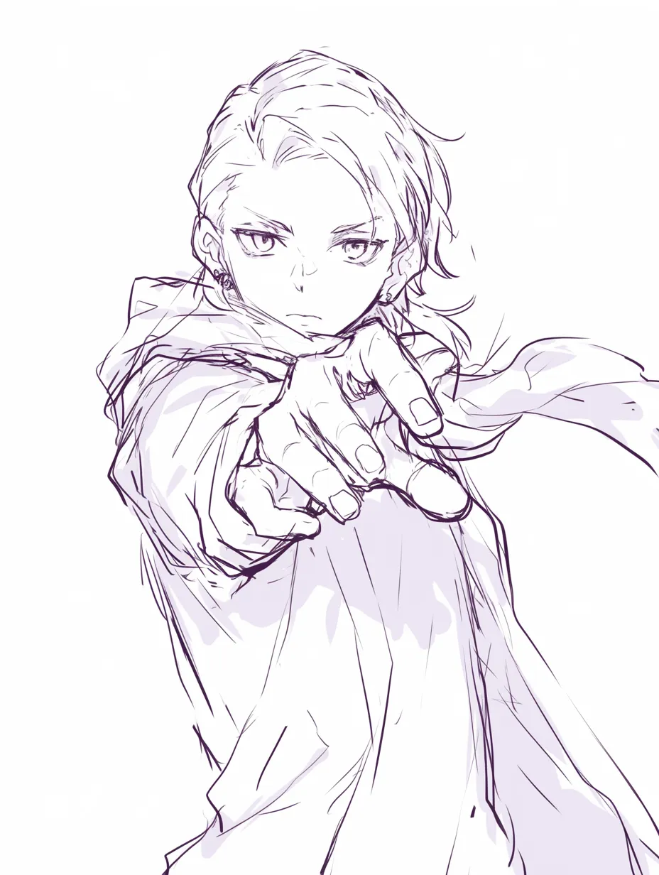 手を前に出す男性（鋭い構え）｜【基本構造】大きく前傾して腕を伸ばし、指先を一点に集中させる描き方です。肩から指先へのラインが直線的で緊張感を伴っています。<br>【演出の方向性】鋭い眼差しと一直線の動作が、強い意思や威圧を生み出し、挑戦的でドラマチックな印象を観る側に与えます。<br>