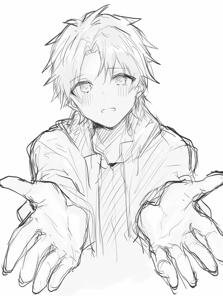 両手を前に出す男性｜【基本構造】体を正面に向け、両腕を同時に前へ伸ばす描き方で、掌を開いて受け取るような形にしています。肩と肘の動きが前傾姿勢を支え、表情はやや緊張を含んだものになっています。<br>【演出の方向性】差し伸べる手が「助けたい」という意志を強調し、観る側に切実さや真剣な気持ちを伝える演出です。<br>