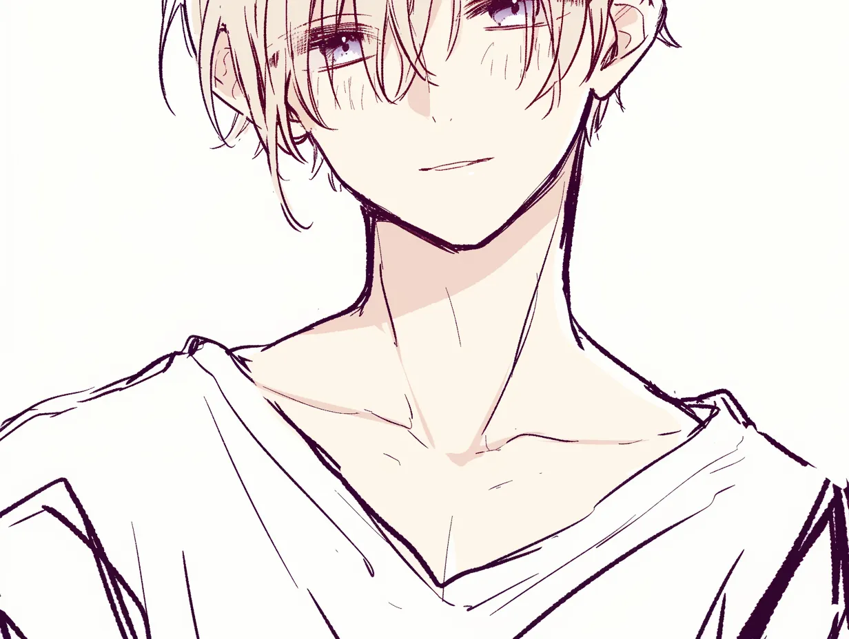 男の鎖骨と笑顔｜【基本構造】首から肩にかけて直線的に鎖骨を描き、正面に近いポーズで服の襟が大きく開いています。筋肉の陰影は控えめです。<br>【演出の方向性】微笑と合わせて鎖骨が爽やかな健康美を表し、軽やかで親しみやすい雰囲気を醸し出しています。<br>