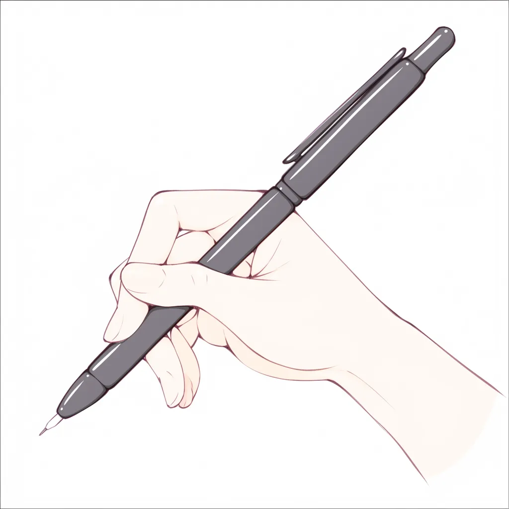 ペンを持つ手の正面｜【基本構造】親指と人差し指でペンを支え、中指で添える描き方で、安定した三点支持の構造を明確にしています。<br>【演出の方向性】明るい彩色とシンプルな線処理で、筆記動作の自然さと清潔感を引き立てています。<br>