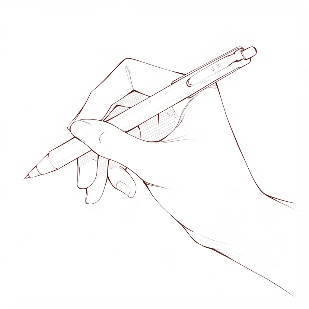 ペンを持つ手の線画｜【基本構造】人差し指を曲げ、親指と中指で挟み込む描き方で、細かい関節や皺を強調した構図です。<br>【演出の方向性】線のみで構成し、陰影を抑えることで、形態の把握や学習用の参考資料らしい印象を与えます。<br>