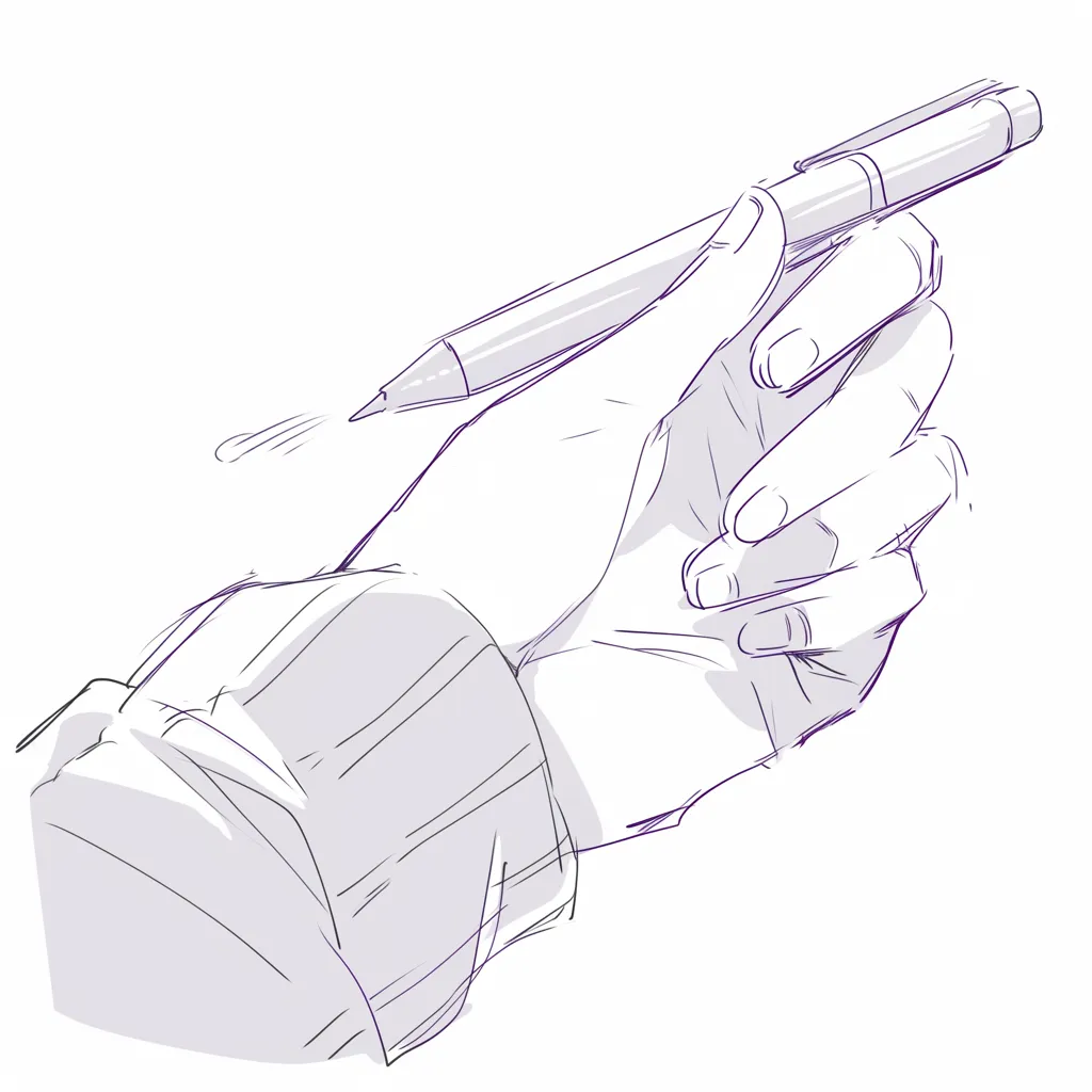 ペンを持つ手の斜め角度｜【基本構造】斜め下からの視点で、親指を上に添えつつ軽く握る描き方になっています。<br>【演出の方向性】手の厚みや袖口の緩やかな形を残すことで、ラフで柔らかな印象を強調しています。<br>