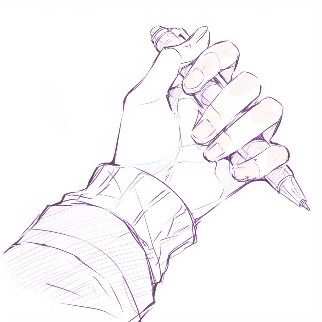 ペンを持つ手の裏側｜【基本構造】手の甲を正面にし、指を曲げながらペンを支える描き方で、手の裏の筋や指の伸びを明瞭にしています。<br>【演出の方向性】力強く握る形を強調することで、動作の勢いが表現され、書くことへの意欲や迫力を感じさせます。<br>