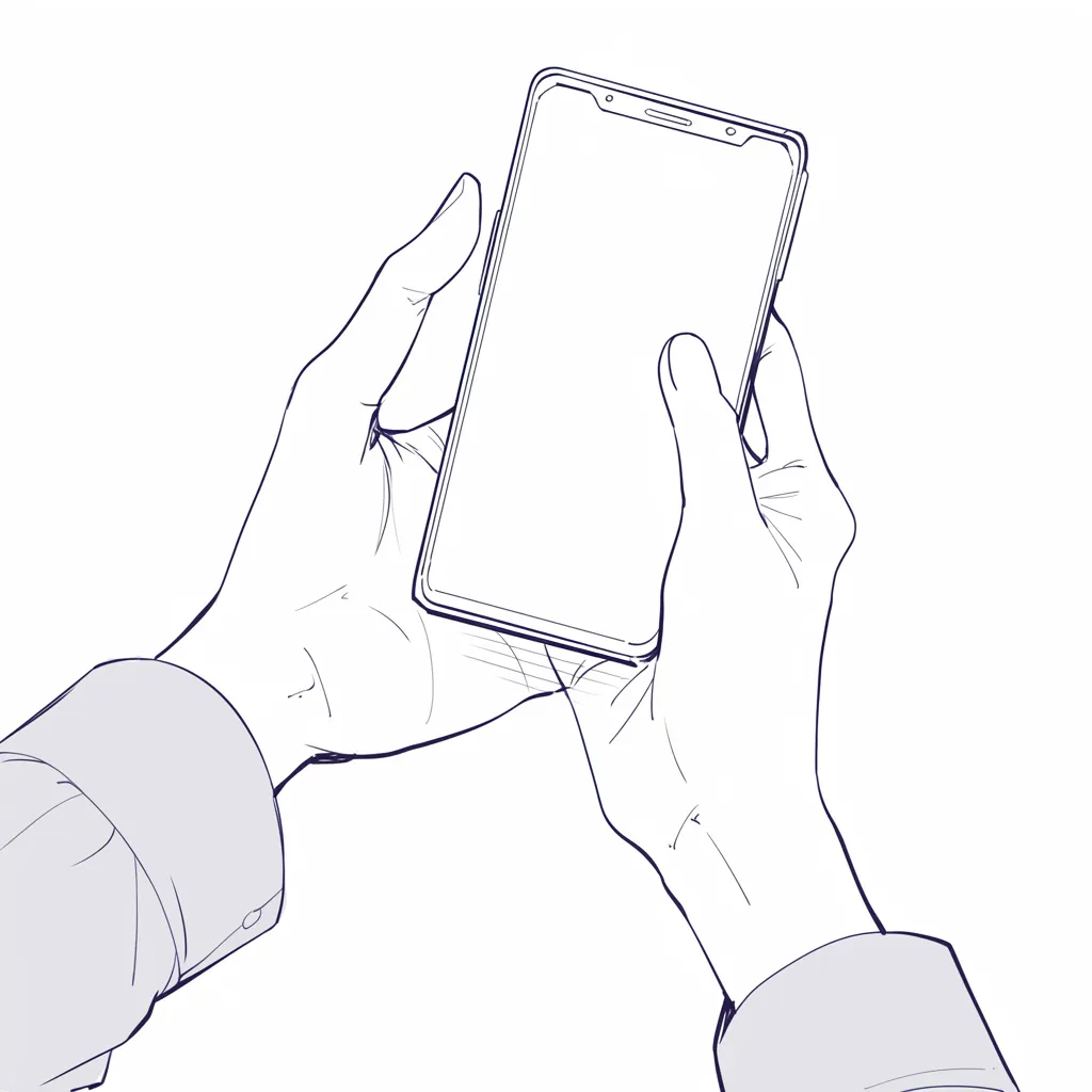 スマホを持つ手の両手構図｜【基本構造】両手でスマホを支える描き方で、親指を操作用に残しつつ、残りの指で本体を安定させています。<br>【演出の方向性】シンプルな線画により、スマホ使用時の現実感と動作の自然さが強調され、実用的な資料的印象になります。<br>