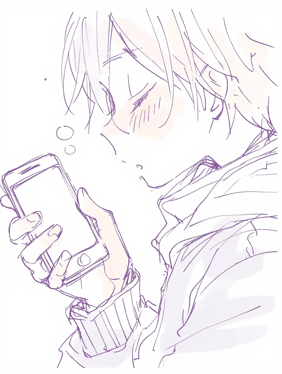 スマホを持つ手の少年｜【基本構造】片手でスマホを持ち、顔を近づけて覗き込む描き方で、指の曲げや手首の傾きを柔らかく描いています。<br>【演出の方向性】頬の赤みや目を細めた表情が加わり、夢中で画面を見る可愛らしさや親近感が演出されています。<br>