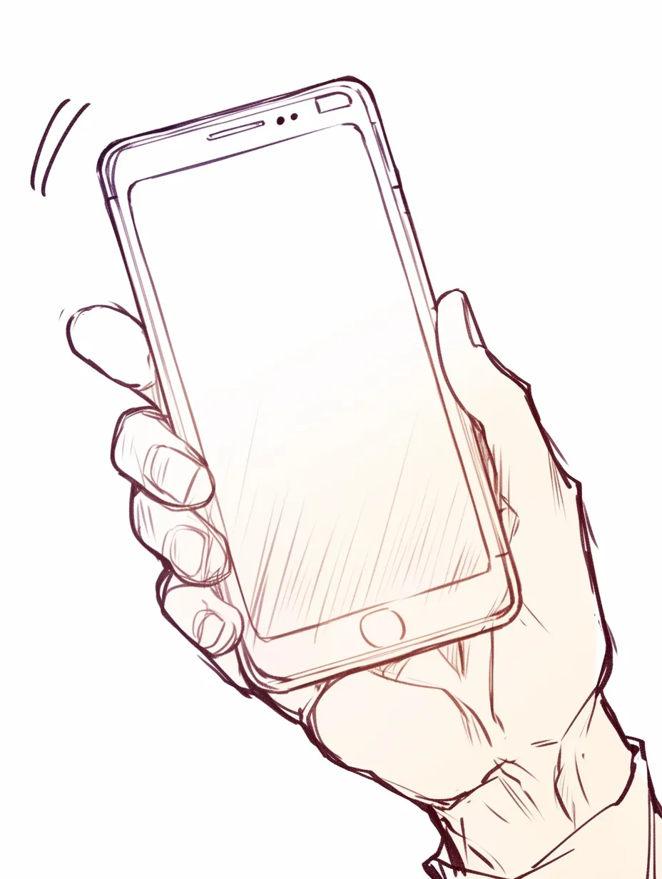 スマホを持つ手のアップ｜【基本構造】片手でスマホをがっしりと握る描き方で、指の力感や手のひらの厚みを強調しています。<br>【演出の方向性】振動を示す線や光の効果を加えることで、通知を受けた瞬間の動きを生き生きと伝えています。<br>