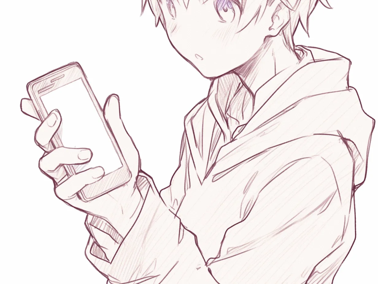 スマホを持つ手の視線｜【基本構造】少年の上半身と組み合わせ、片手でスマホを持ちながら視線を画面に落とす描き方になっています。<br>【演出の方向性】驚きや戸惑いを帯びた表情が添えられ、画面から受け取る情報に心が動かされる様子が表現されています。<br>