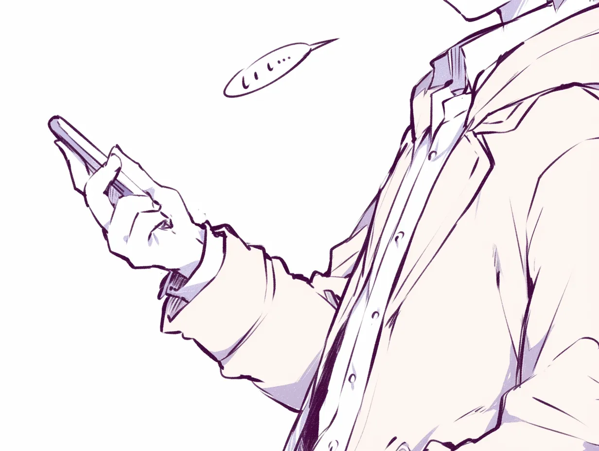 スマホを持つ手の会話｜【基本構造】片手でスマホを持ち、肘を曲げて胸元の高さに掲げる描き方です。<br>【演出の方向性】吹き出しの記号を加えることで、画面を見ながら会話する状況を示し、日常感とコミュニケーション性が強調されています。<br>