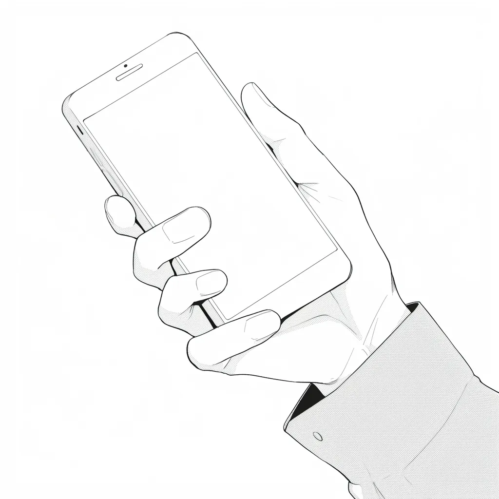 スマホを持つ手のモノクロ表現｜【基本構造】片手でスマホを支え、親指を画面側に添える描き方で、指の配置を正確に整理しています。<br>【演出の方向性】モノクロ調の陰影で仕上げることで、漫画的で資料性の高い印象を与え、構造理解に適した表現となっています。<br>