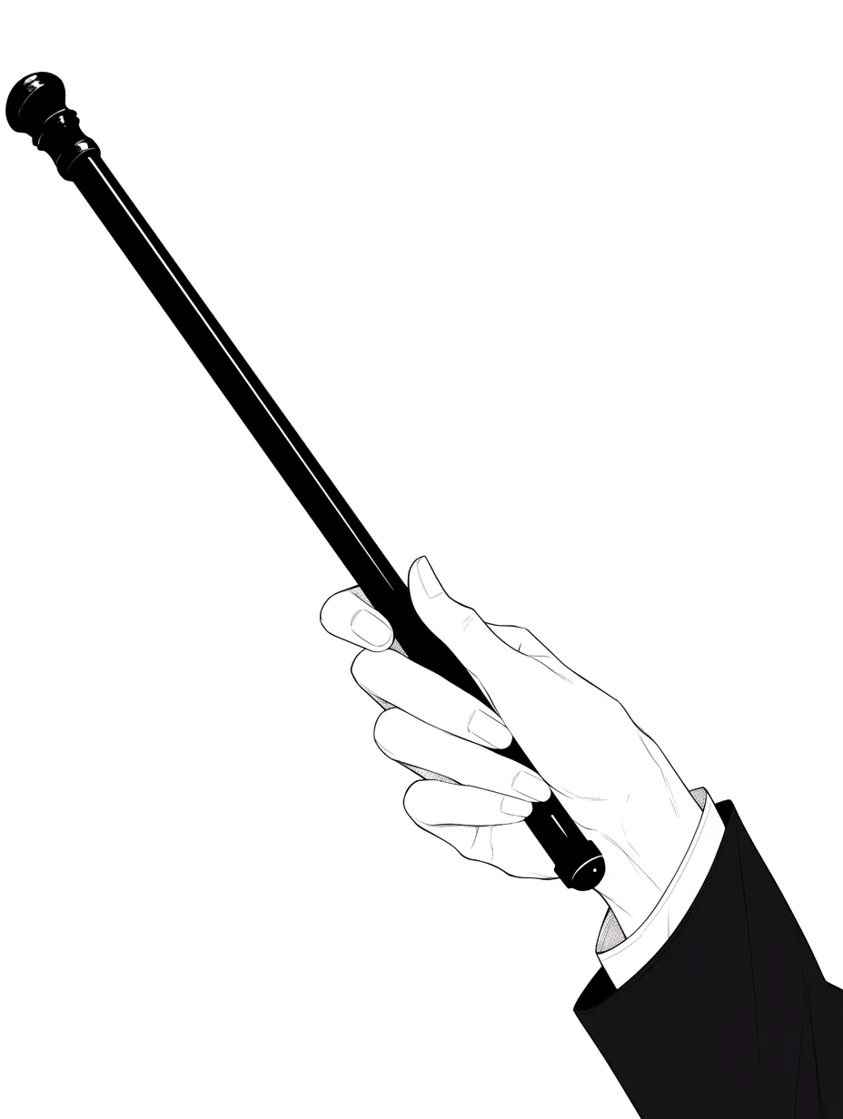 棒を持つ手のモノクロ表現｜【基本構造】片手で棒を斜め上に掲げる描き方で、指を軽く曲げて支点を作り、安定した持ち方を示しています。<br>【演出の方向性】黒一色で強調された棒とシンプルな線画が対比し、フォーマルで堅実な印象を与えています。<br>