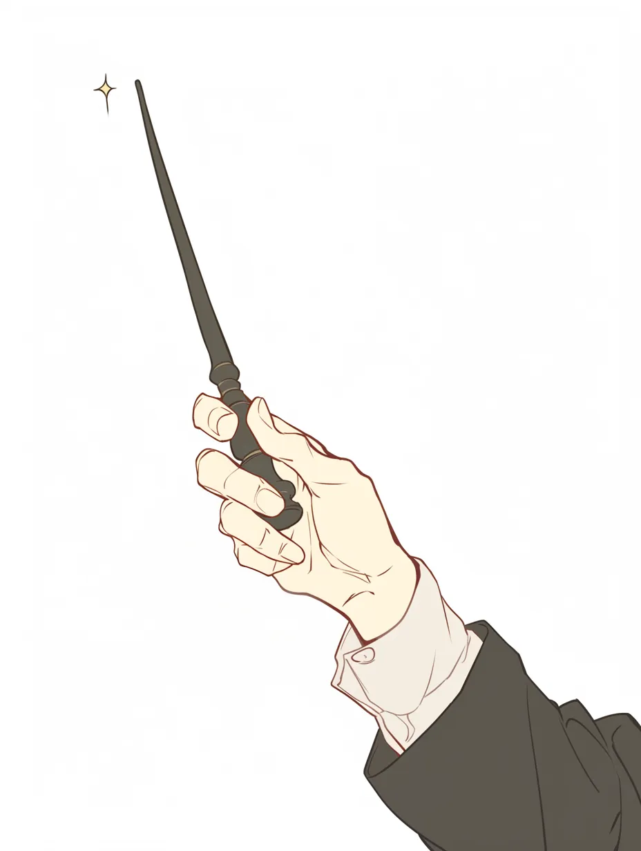 棒を持つ手の光演出｜【基本構造】親指と人差し指を支点にし、手首をやや反らせて棒を上向きに掲げる描き方になっています。<br>【演出の方向性】先端に光の効果を加えることで、魔法的・特別な演出となり、非日常的な雰囲気を強調しています。<br>