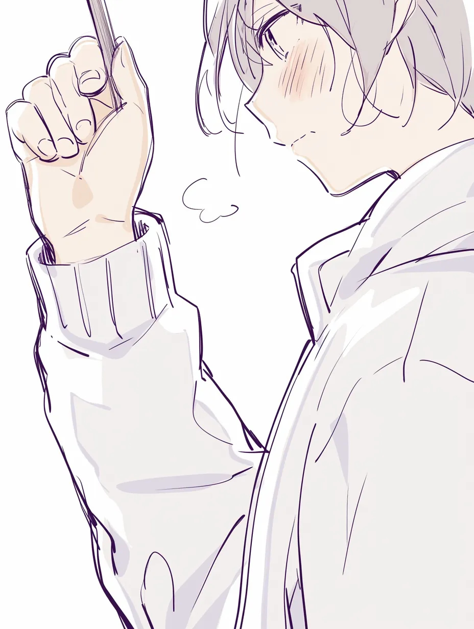 棒を持つ手の少年｜【基本構造】横顔と組み合わせ、片手で棒を握りつつ、肘を曲げて顔の横に構える描き方です。<br>【演出の方向性】赤みを帯びた頬や吐息の演出を添えることで、緊張感や集中力、さらには儚げな雰囲気を醸し出しています。<br>