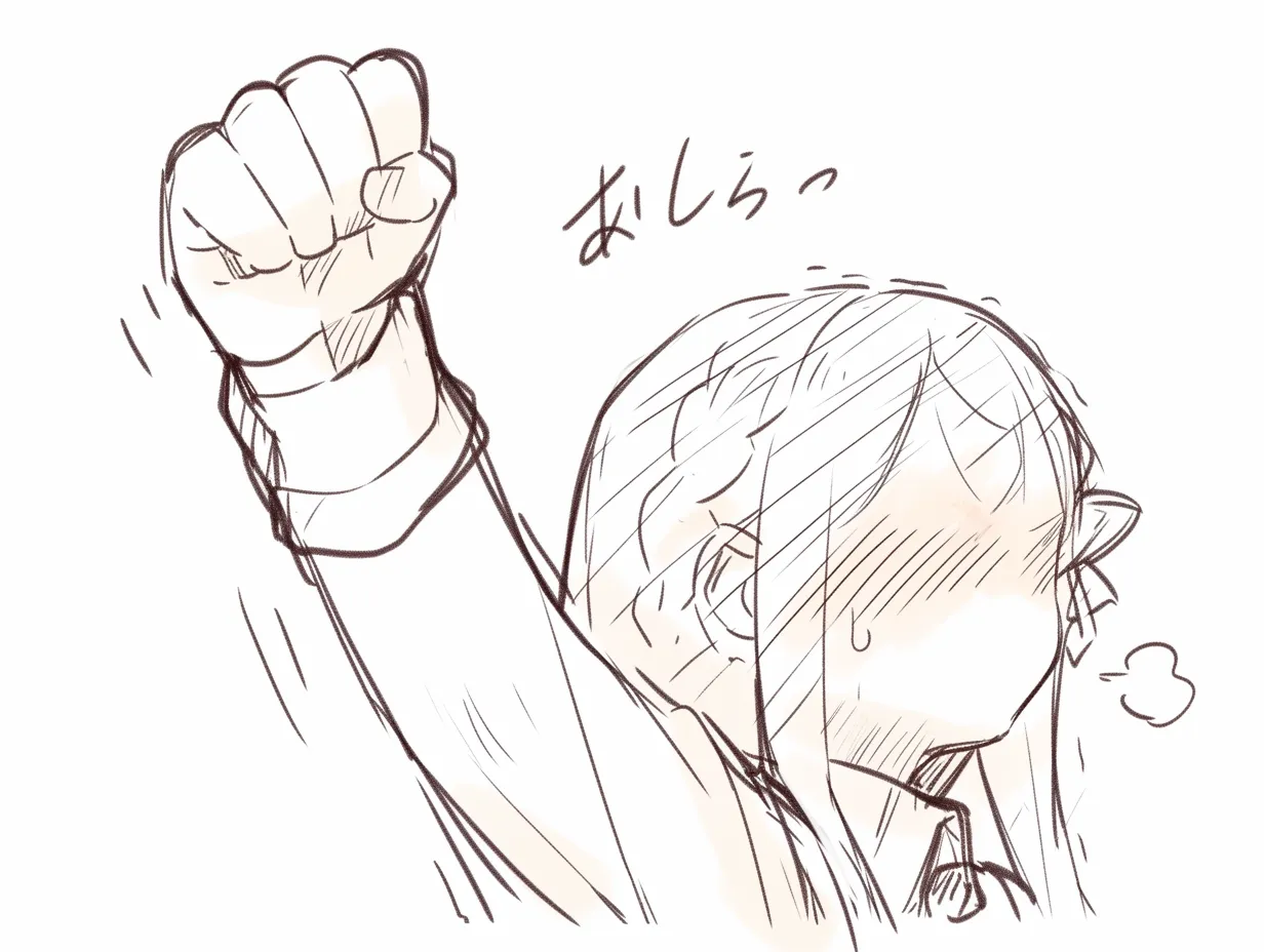 グーの手の少女｜【基本構造】腕を振り上げ、握った拳を力強く示す描き方で、肩から拳まで一直線の流れを作っています。<br>【演出の方向性】頬を赤らめた表情や汗マークが加わり、応援や奮起を表すような元気な印象を与えています。<br>