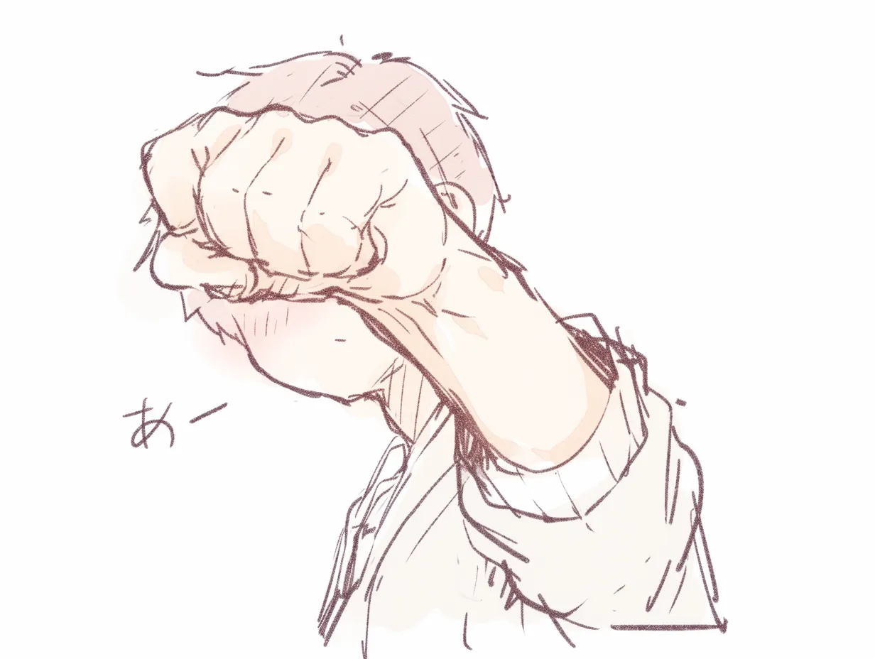 グーの手の少年｜【基本構造】前方に突き出すように拳を握る描き方で、前腕の張りや筋肉の緊張感を強調しています。<br>【演出の方向性】頬の赤みや吐息を描き込み、勢いよく声を張り上げている雰囲気を加え、熱量のある表現となっています。<br>