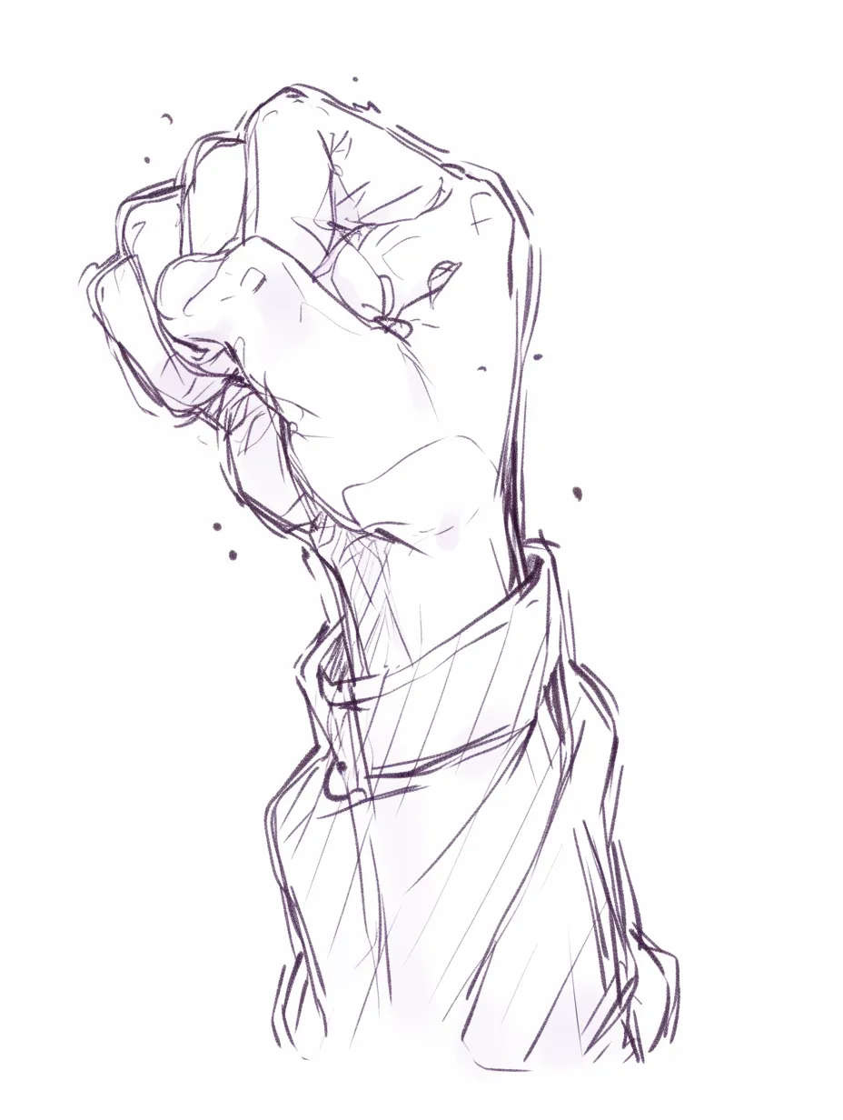 グーの手のラフスケッチ｜【基本構造】斜め上に突き上げる握り拳を中心に描く描き方で、手首の角度や皺をラフにまとめています。<br>【演出の方向性】勢いのある線と点描を散らすことで、感情の爆発や強い意思を表現し、迫力を持たせています。<br>