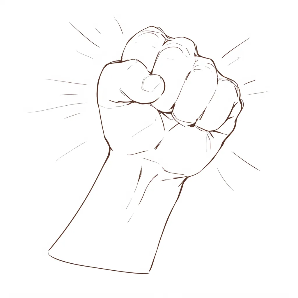 グーの手の正面アップ｜【基本構造】拳を前に突き出す構図で、親指を巻き込んだ正しい握りの描き方を明確に示しています。<br>【演出の方向性】放射状の効果線を添えることで力強さが強調され、勝利やガッツポーズを象徴する表現になっています。<br>