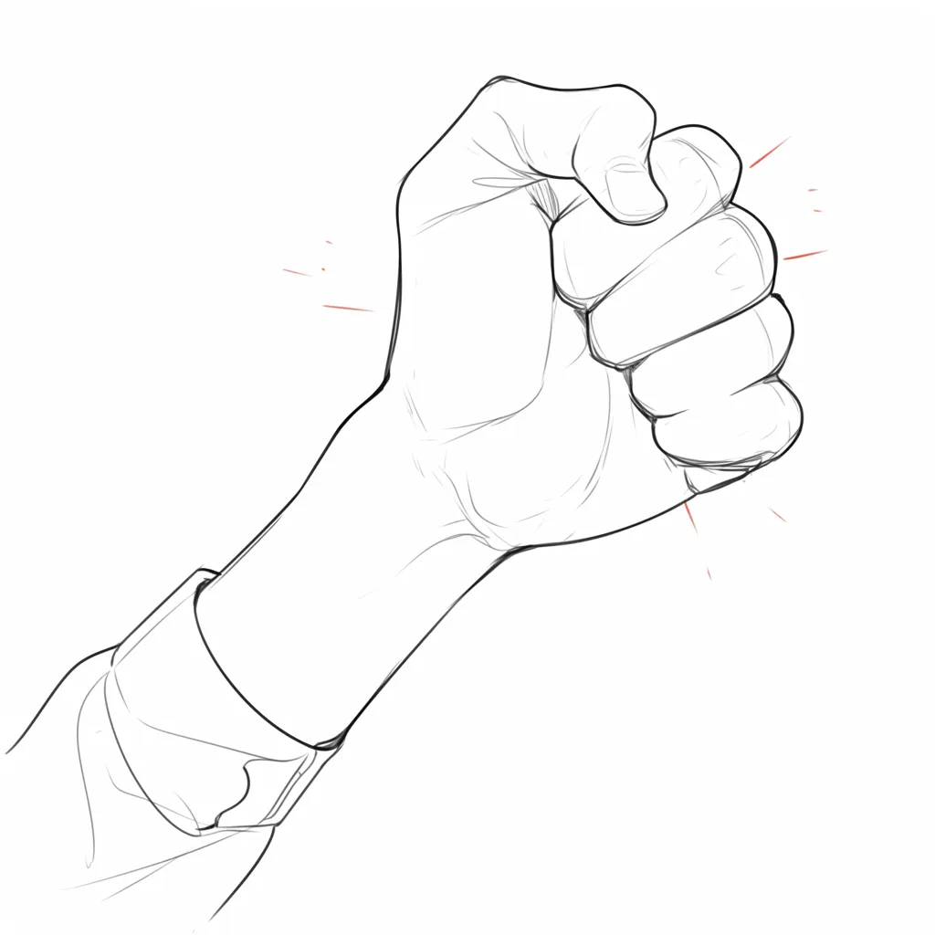 グーの手の横向き｜【基本構造】前腕と拳を横から捉え、親指を前面に見せる描き方で、握力や手の厚みを強調しています。<br>【演出の方向性】拳の周囲に小さな効果線を加えることで、意志の固さや強調された瞬間の力感を表現しています。<br>