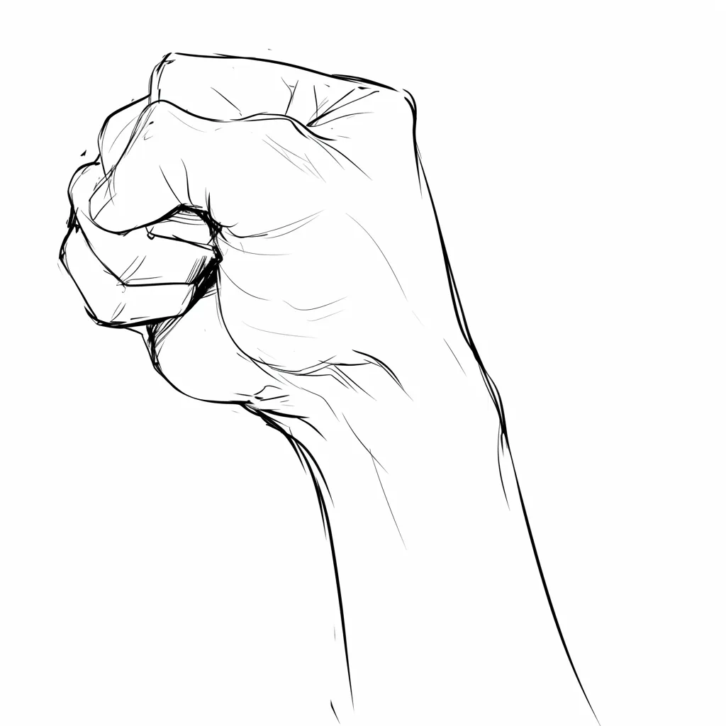 グーの手の陰影表現｜【基本構造】拳を斜め上に握り、指の関節や皺を強調する描き方で、骨格と筋肉の流れを明確にしています。<br>【演出の方向性】線の強弱と陰影を用いることで、力のこもった生々しい拳の質感を表し、リアリティを高めています。<br>