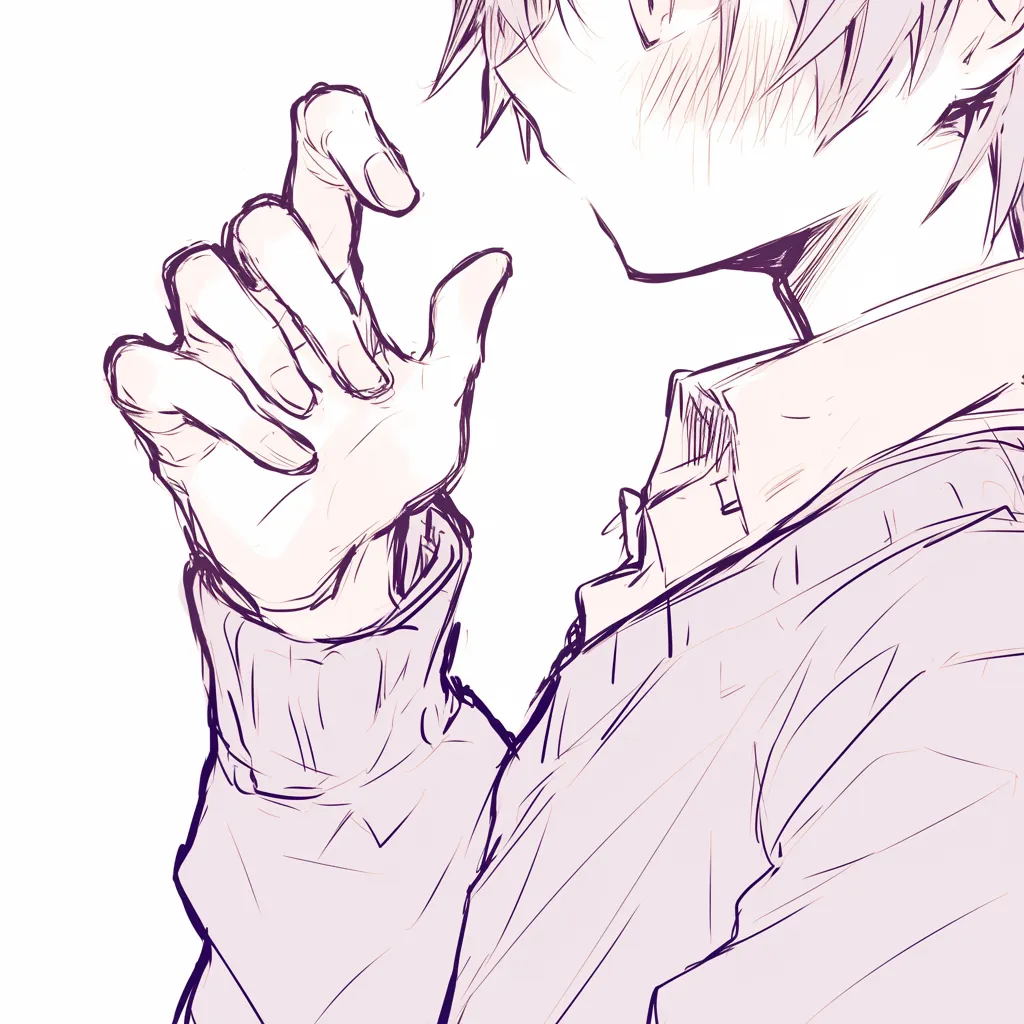 指を立てる手の少年｜【基本構造】横顔と組み合わせ、軽く指を曲げながら掌を見せる描き方で、指の配置と関節の自然さを意識しています。<br>【演出の方向性】頬を赤らめた表情を加えることで、照れやためらいを感じさせ、仕草の可愛らしさを強調しています。<br>