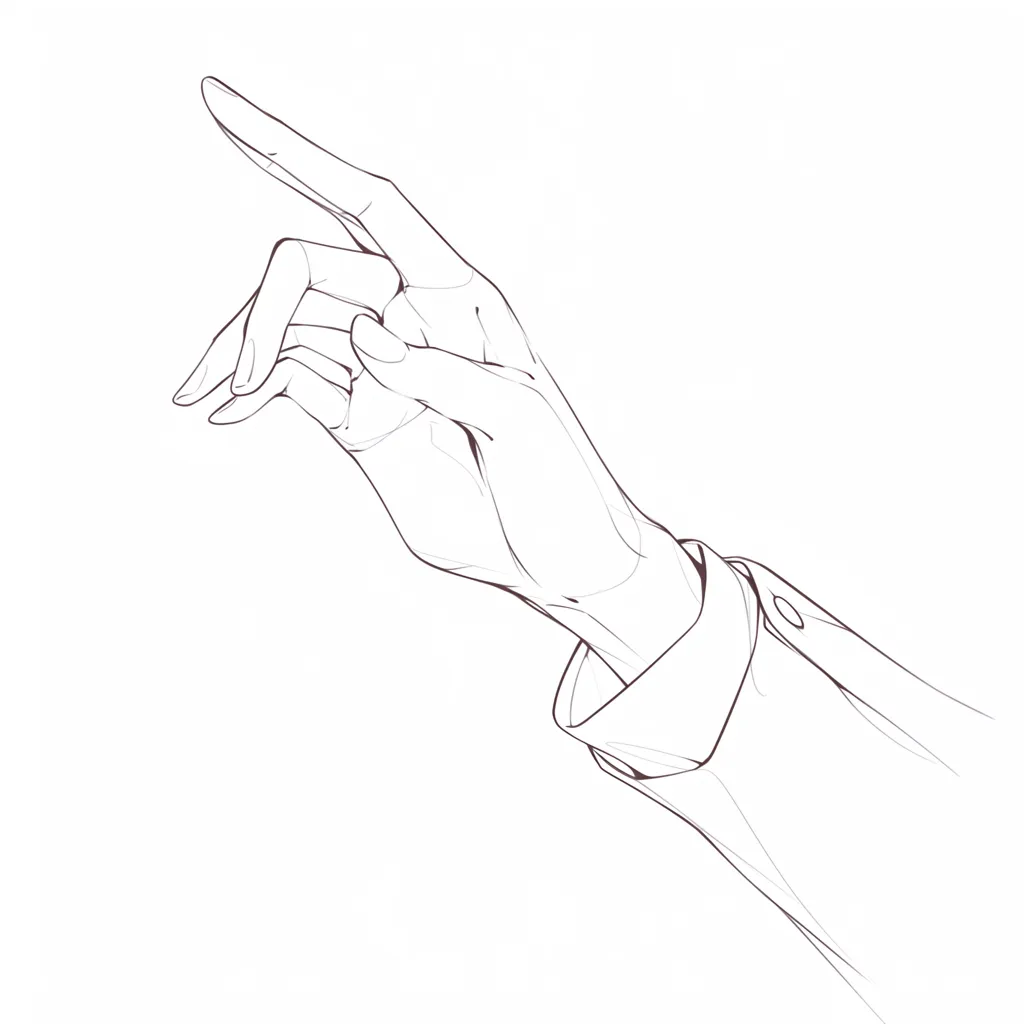 指を差す手の線画｜【基本構造】人差し指をまっすぐに伸ばし、他の指をたたむ描き方で、手首からの流れを細く繊細に描いています。<br>【演出の方向性】余計な装飾を避けたシンプルな線画にすることで、指差しの形を強調し、資料的で清楚な印象を与えます。<br>