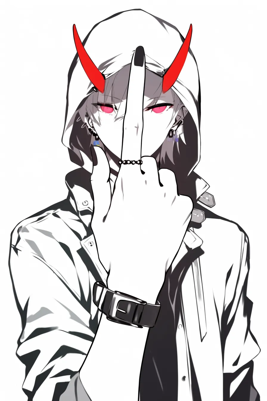 指を立てる手の強調表現｜【基本構造】正面から人差し指を強調し、他の指を握り込む描き方で、手の力感を前面に出しています。<br>【演出の方向性】赤い目や装飾的な要素が加わり、挑発的かつ攻撃的なニュアンスを持つ象徴的なジェスチャーになっています。<br>