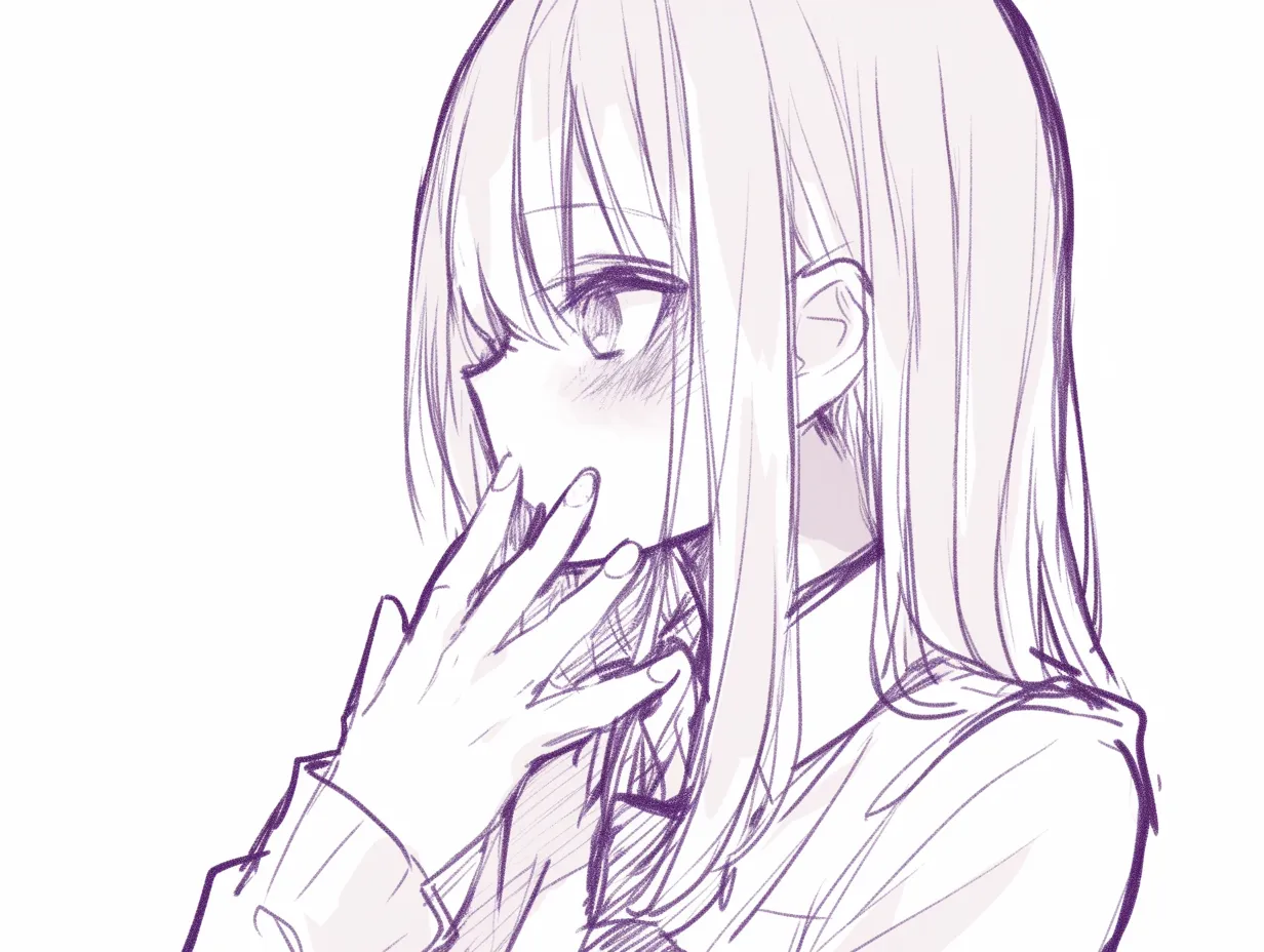 指を口元に添える少女｜【基本構造】人差し指と中指を口元に近づけ、軽く触れるような描き方です。<br>【演出の方向性】頬の赤みと伏せた視線を加えることで、恥じらいや戸惑いを表現し、可憐で控えめな印象を引き立てています。<br>