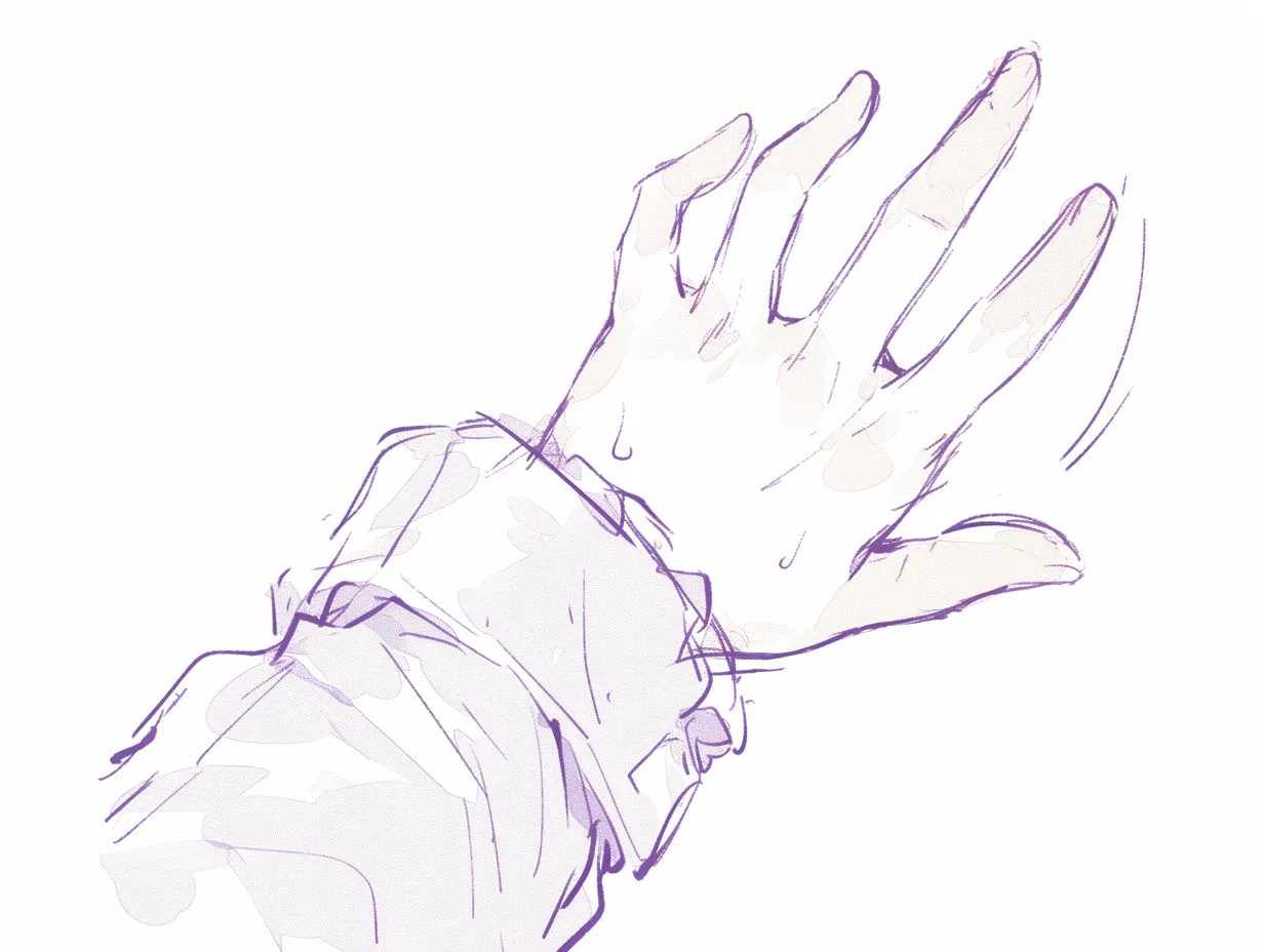 指を広げる手｜【基本構造】掌を前に向け、五指を大きく広げる描き方で、動きの瞬間をラフにとらえています。<br>【演出の方向性】汗や効果線を添えることで、慌てて制止する仕草や驚きの感情を伝え、躍動感を強調しています。<br>