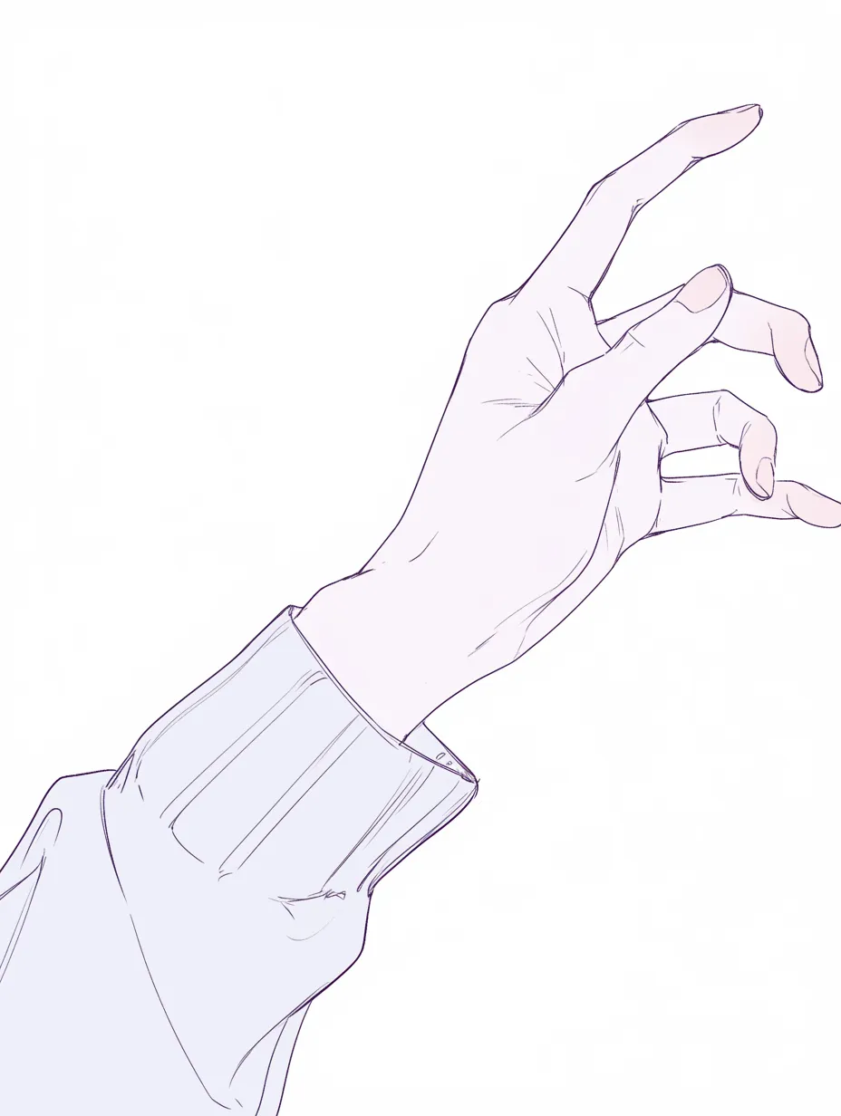 指を曲げる手｜【基本構造】手首を返しながら指をしなやかに曲げる描き方で、骨格のラインをしっかり描いています。<br>【演出の方向性】指先の柔らかいカーブを強調し、優雅さや妖しい雰囲気を漂わせる仕草として描かれています。<br>