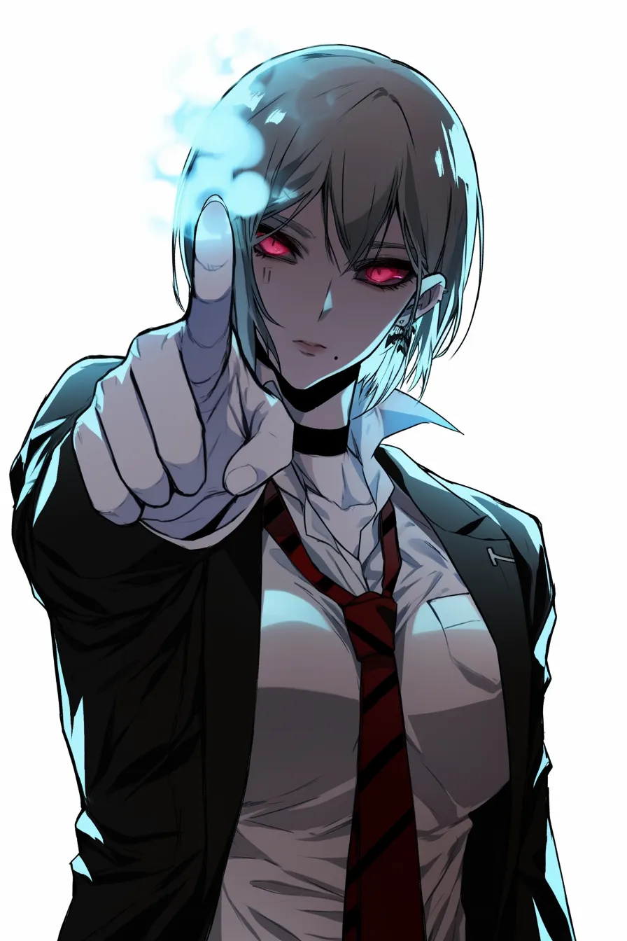 指を突き出す女性｜【基本構造】正面から人差し指を強く突き出し、残りの指を握り込む描き方で、奥行きのある構図になっています。<br>【演出の方向性】赤い瞳と光の演出を添えることで、迫力や威圧感を高め、強い意志を象徴する表現になっています。<br>