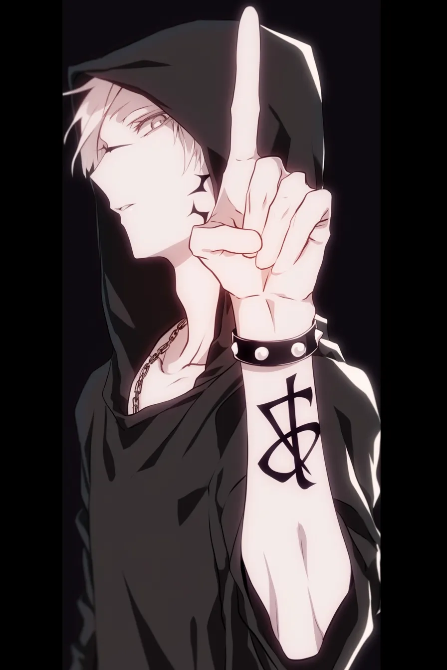 指を立てるフード姿｜【基本構造】人差し指を立て、腕に模様を添えた描き方で、身体のラインを細身に表現しています。<br>【演出の方向性】黒い衣装やシルエットを活かし、不気味さやカリスマ性を強調する演出となっています。<br>