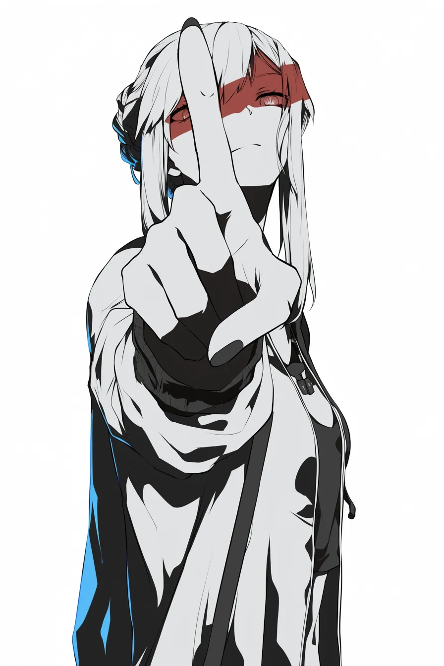 指を突き出すモノクロ表現｜【基本構造】真正面から人差し指を突き出し、腕を伸ばす描き方で、遠近感を強調しています。<br>【演出の方向性】白黒のコントラストを強く出すことで、クールで無機質な迫力を感じさせる印象に仕上げています。<br>