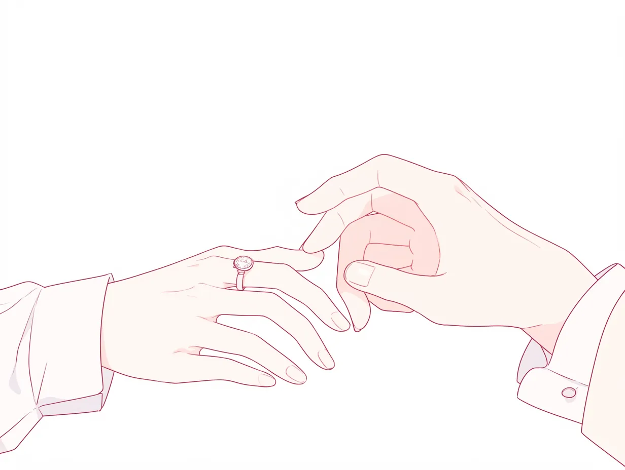 かわいい指と指輪｜【基本構造】薬指に指輪をはめ、隣の手がそっと触れる描き方で、関節や指の長さを繊細に整理しています。<br>【演出の方向性】淡い色合いとシンプルな線で描くことで、ロマンチックさや大切な瞬間を優しく表現しています。<br>