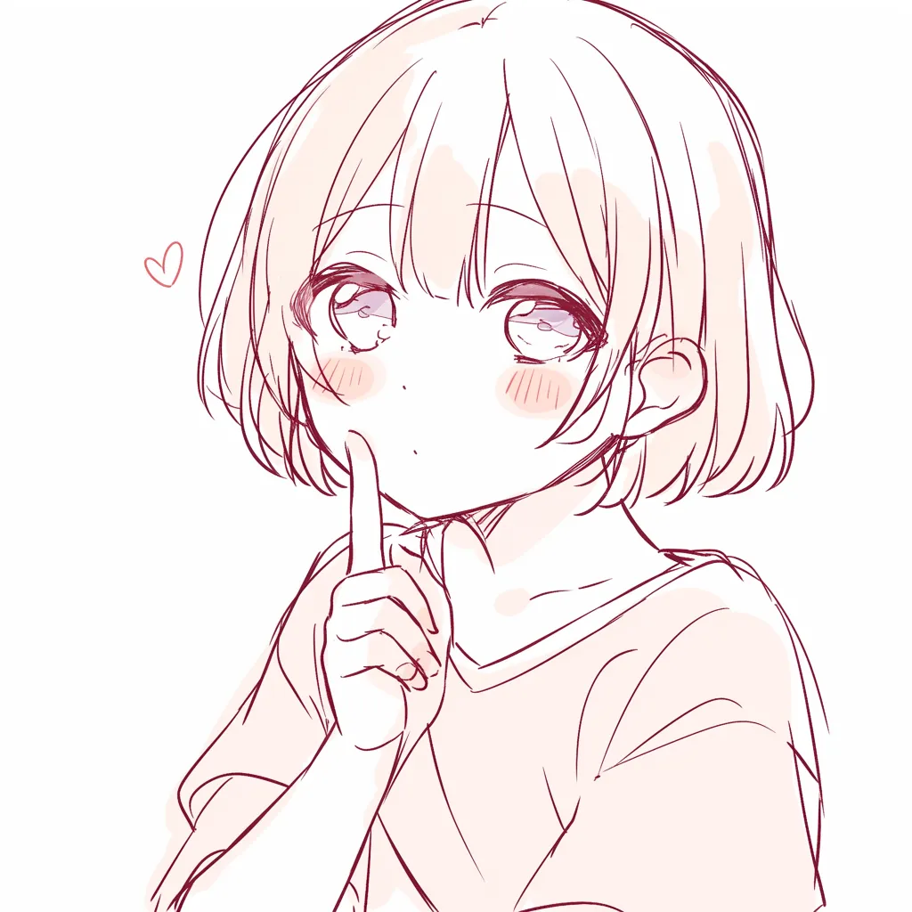 かわいい指を口元に当てる少女｜【基本構造】人差し指を口元に立て、他の指を軽く丸める描き方です。<br>【演出の方向性】頬の赤みや小さなハートを添えることで、秘密めいた可愛らしさや愛らしさを強調しています。<br>