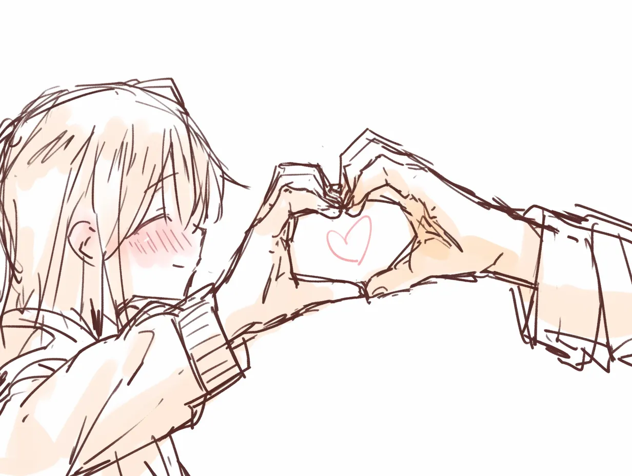 かわいい指で二人のハート｜【基本構造】二人の手を合わせてハートを作る描き方で、片方の手を差し伸べて繋ぐ構造です。<br>【演出の方向性】頬を染めた横顔を加えることで、共有する幸せ感や照れくささを演出しています。<br>