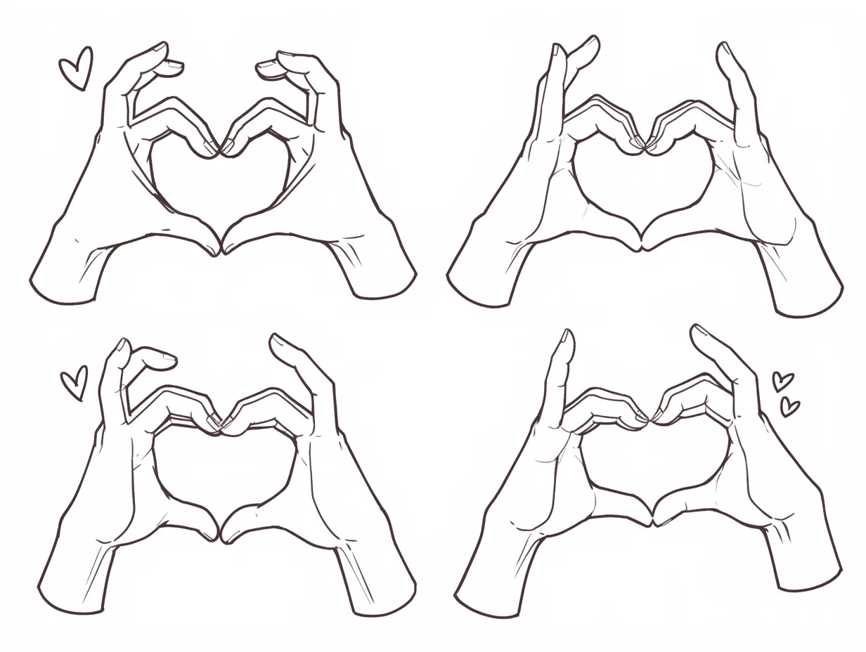 かわいい指のハートバリエーション｜【基本構造】複数の手の組み方でハートを形成する描き方の資料的構成です。<br>【演出の方向性】シンプルな線画で比較を可能にし、可愛い仕草をより効果的に再現できる参考表現となっています。<br>