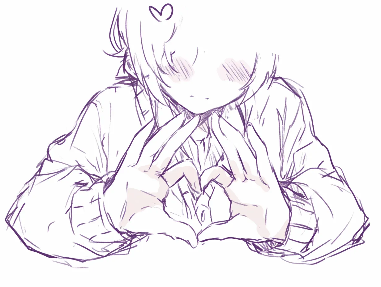 かわいい指で小さなハートを作る少年｜【基本構造】両手を胸元に近づけ、細い指で小さなハートを作る描き方です。<br>【演出の方向性】目を伏せ頬を赤らめる仕草を加えることで、純粋さや無邪気な可愛らしさを表現しています。<br>