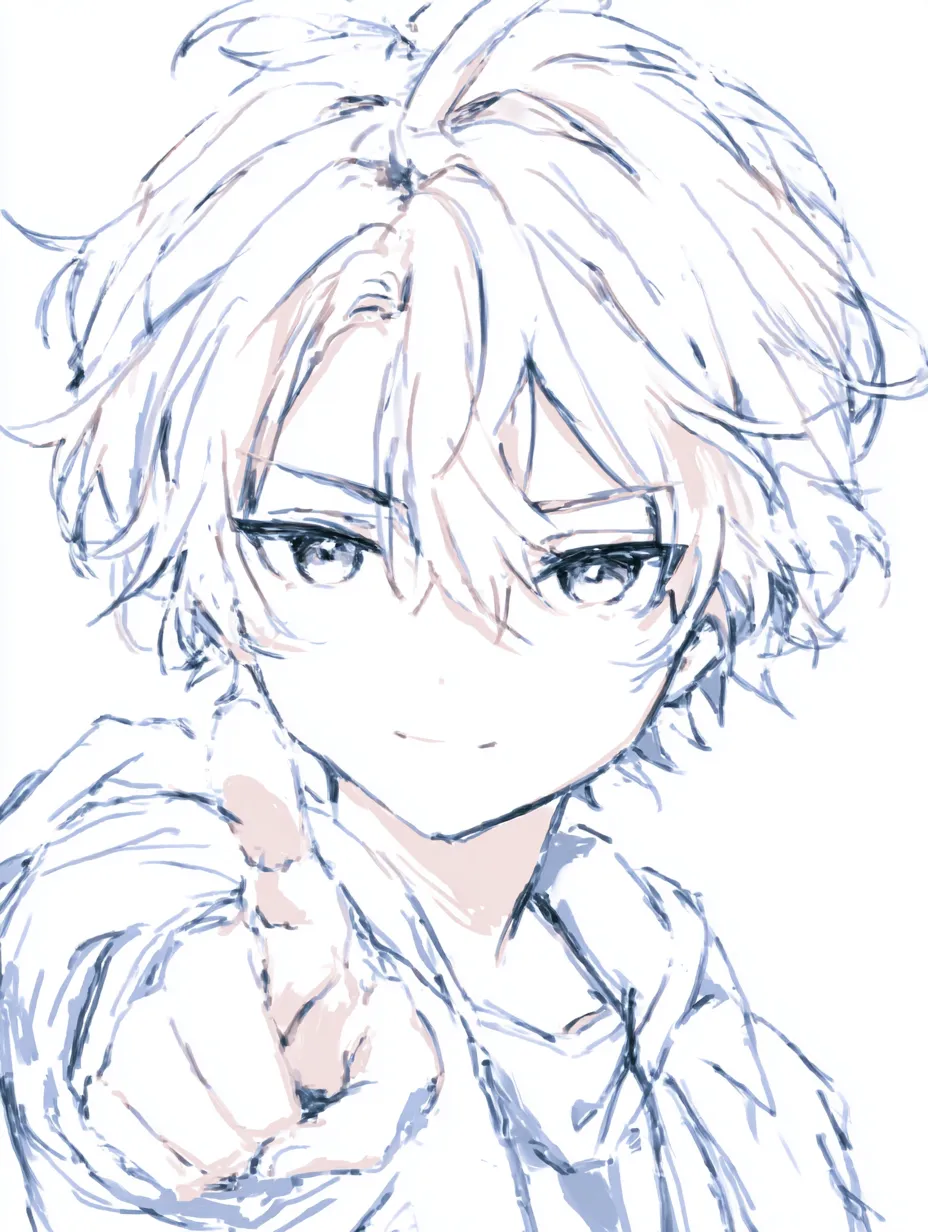 指差す少年の正面ポーズ｜【基本構造】正面から人差し指をまっすぐ突き出し、顔の前に配置する描き方です。<br>【演出の方向性】自信に満ちた表情と組み合わせることで、元気さや挑戦的な印象を強調しています。<br>