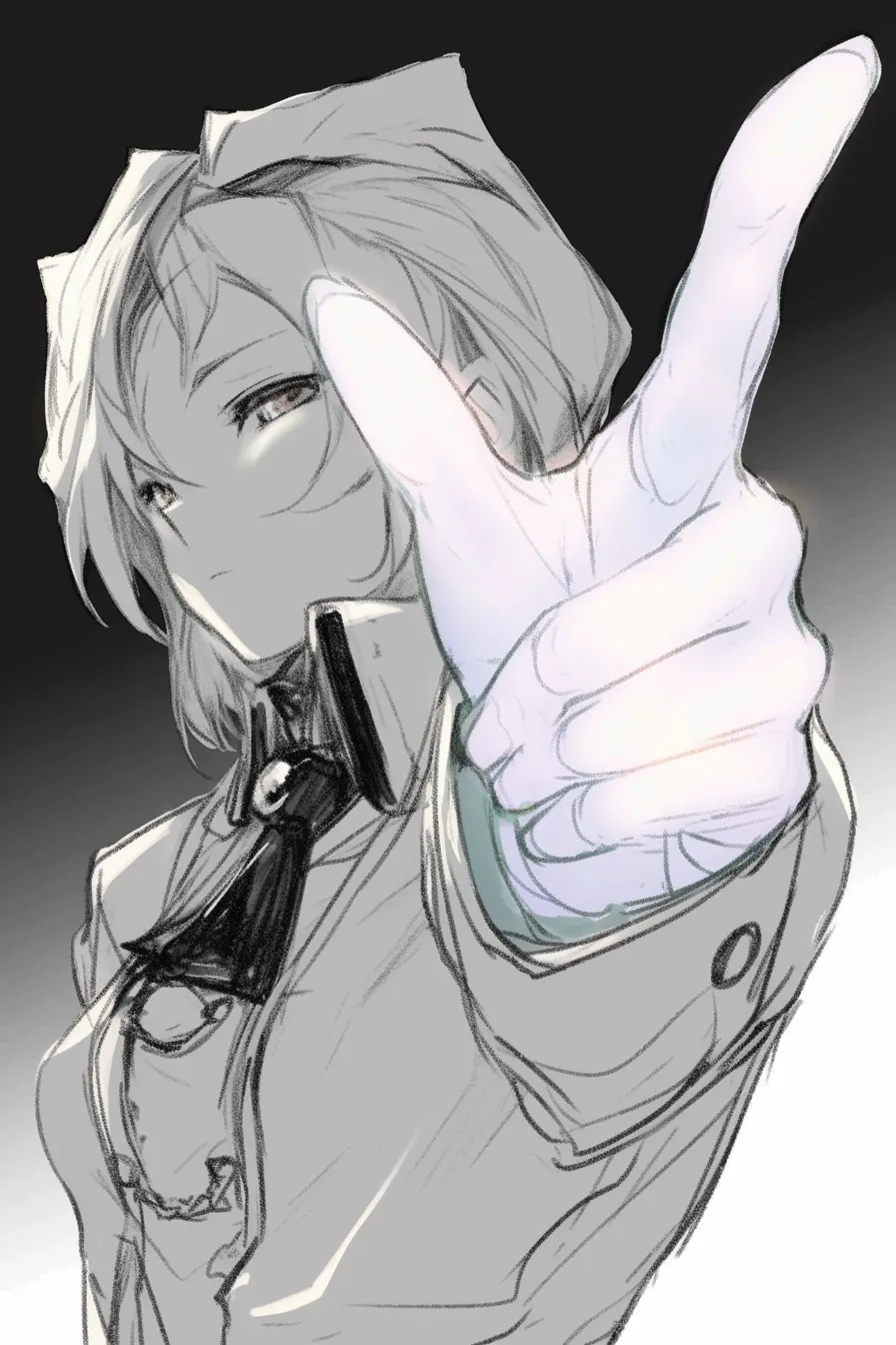 指差す女性の斜め構図｜【基本構造】斜め下から仰ぎ見る構図で、人差し指を伸ばし親指を立てるガンポーズ風の描き方です。<br>【演出の方向性】光の演出を加えることで、力強さやスタイリッシュな雰囲気を演出しています。<br>